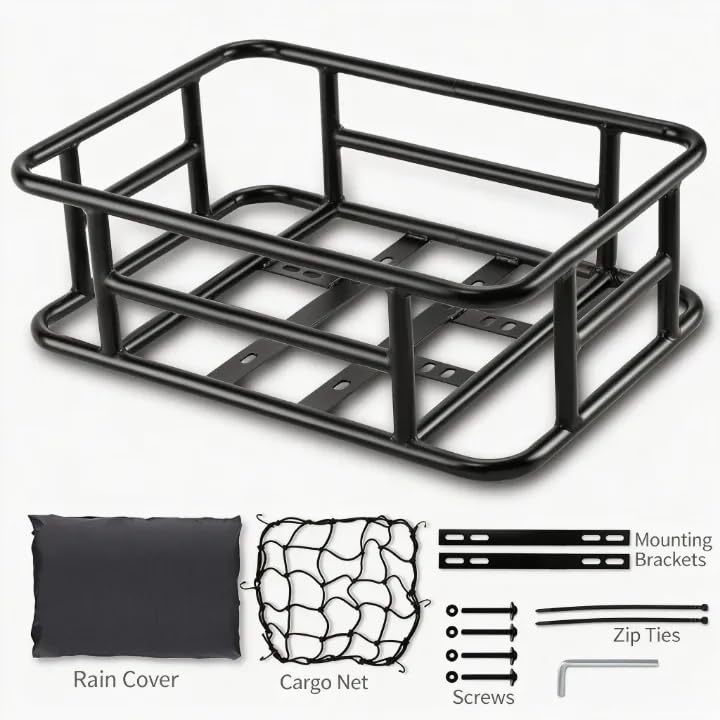Rear Bike Basket, Bike Rear Rack with Pu Waterproof Line, Heavy Duty Bicycle Basket, Metal Cargo Bike Basket Bike Rear Rack for Most Bikes