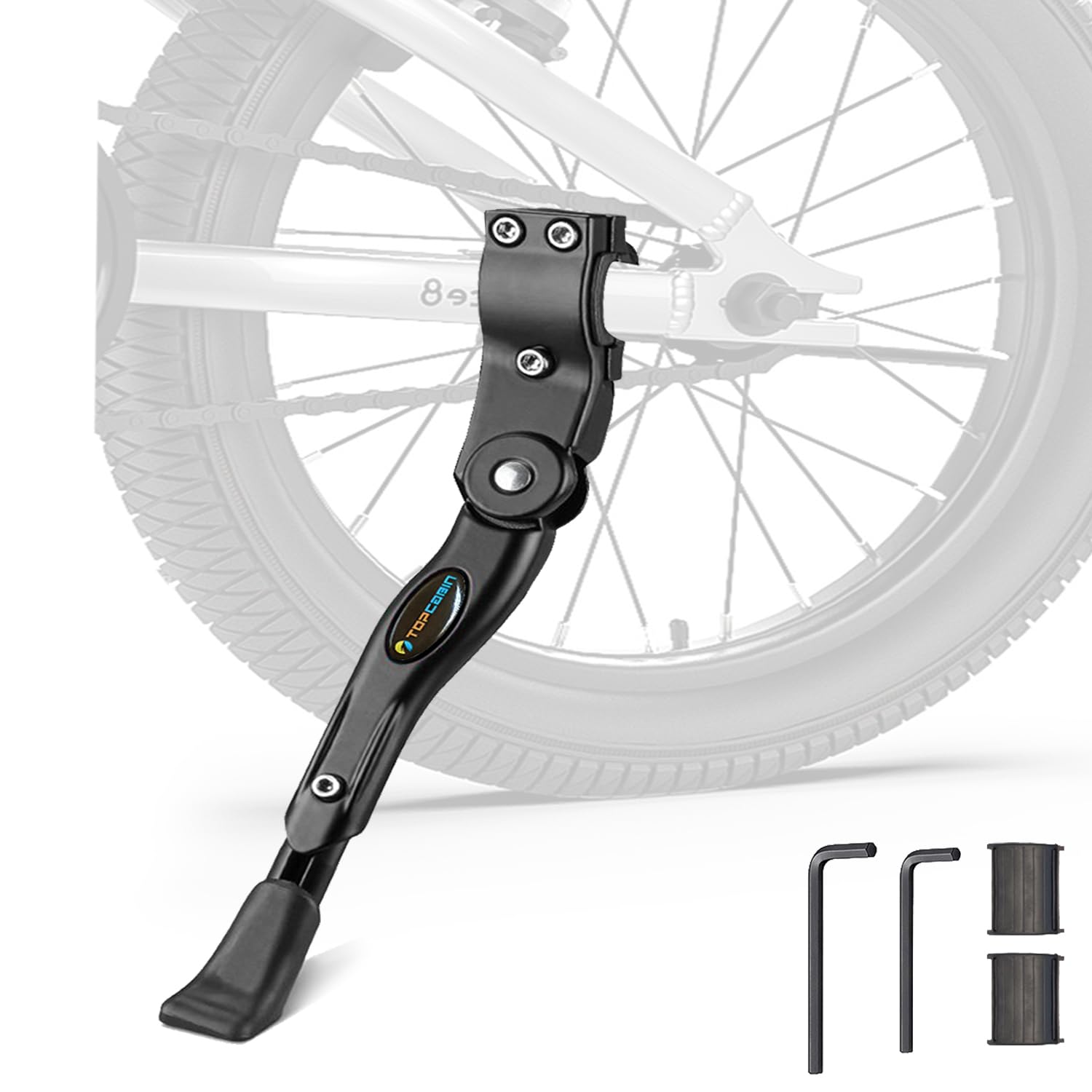 TOPCABIN Aluminium Alloy Adjustable Bike Kickstand, Fits 22"-28" Mountain Road Bike/BMX/MTB, Black, 12.2'-14.2' (310-360mm), Includes Wrench & Rubber Mat