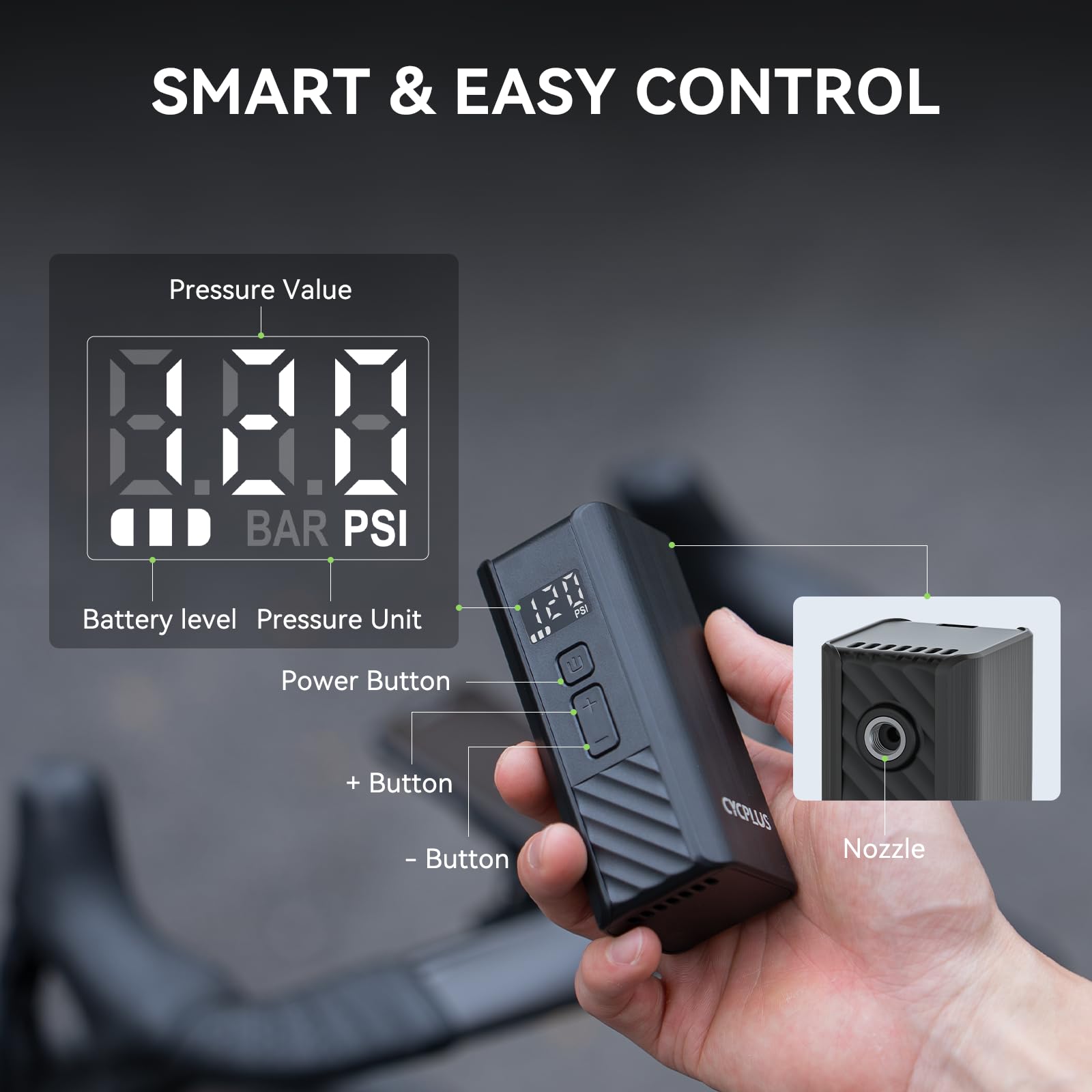 CYCPLUS Electric Bike Pump, A3Mini, 120 PSI, Brushless Motor, with Display