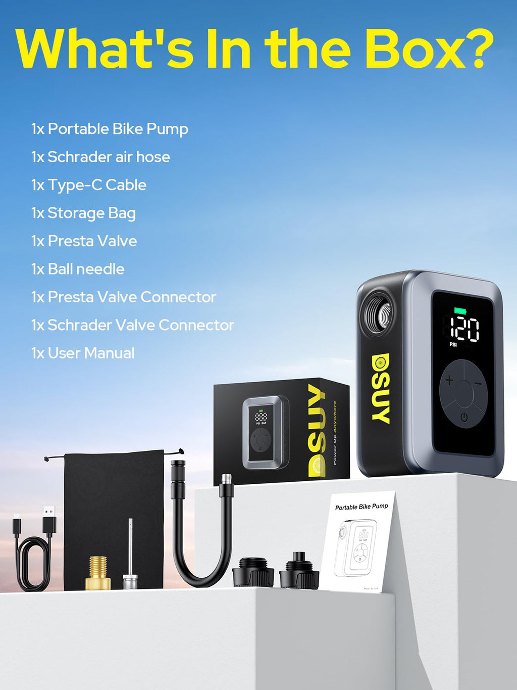 Mini Bike Tire Pump, 120PSI Electric Bicycle Pump with Digital Gauge