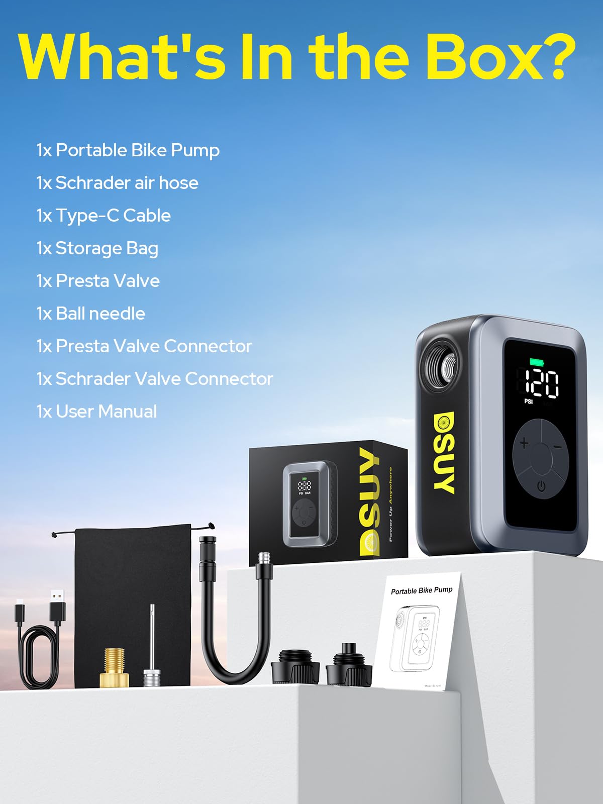 Mini Bike Tire Pump, 120PSI Electric Bicycle Pump with Digital Gauge