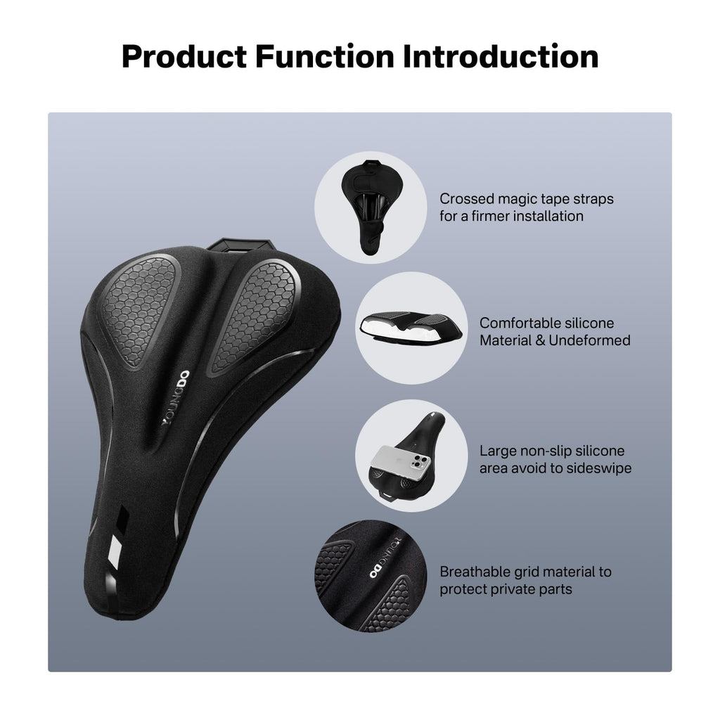 YOUNGDO Bike Seat Cushion with Waterproof Cover, Gel Bicycle Seats Pad for Narrow Saddle, Shock Absorbing, Fit for Peloton, BMX, MTB & Road
