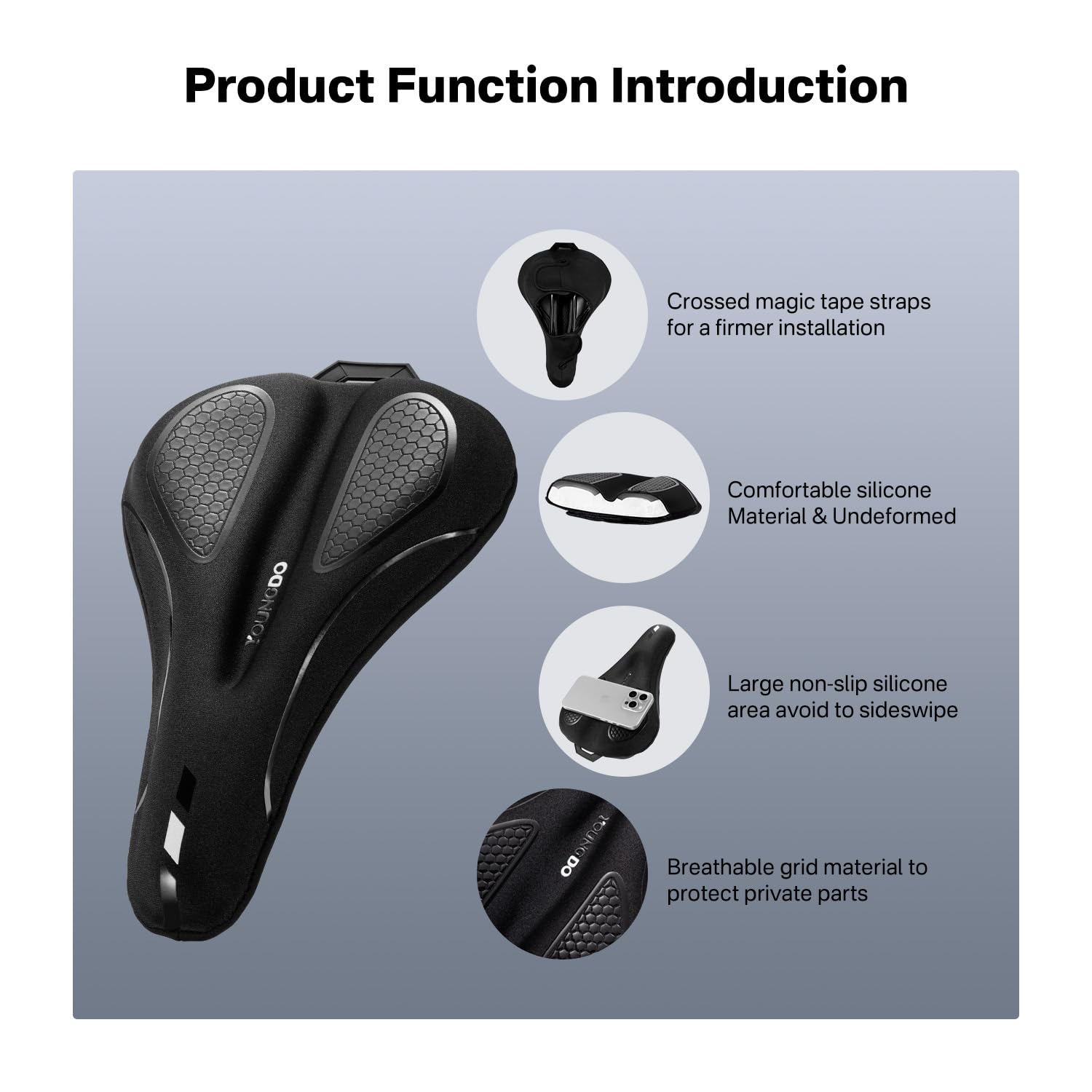 YOUNGDO Bike Seat Cushion with Waterproof Cover, Gel Bicycle Seats Pad for Narrow Saddle, Shock Absorbing, Fit for Peloton, BMX, MTB & Road