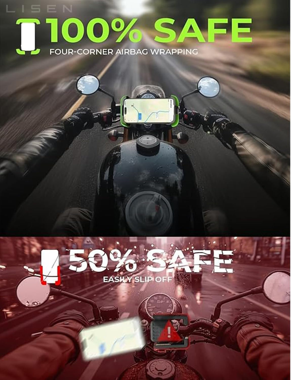 LISEN Bike Phone Holder, [Super Easy Install] Motorcycle Phone Mount Ebike Accessories Bicycle Handlebar Holder Mount Gifts for Adults Kids Men Mountain Mini Bike Scooter Gear Accessories