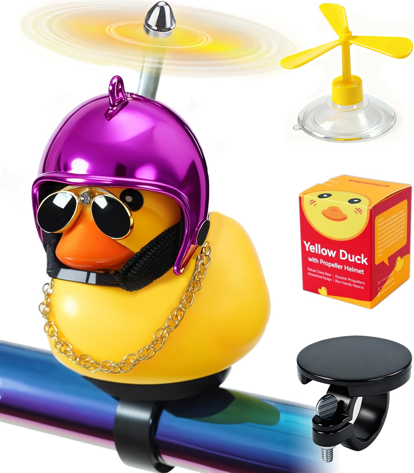 EMPATHECH Rubber Duck Bike Decorations [New Stable Clamp Mount] Cute Squeak Duck Bike Bell [Two Helmet Propeller] Funny Bike Accessories E Scooter Motorcycle Cycling Gifts