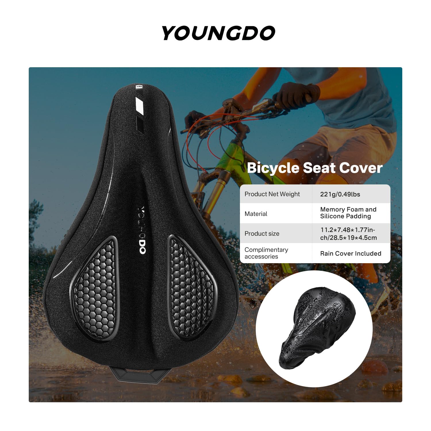 YOUNGDO Bike Seat Cushion with Waterproof Cover, Gel Bicycle Seats Pad for Narrow Saddle, Shock Absorbing, Fit for Peloton, BMX, MTB & Road