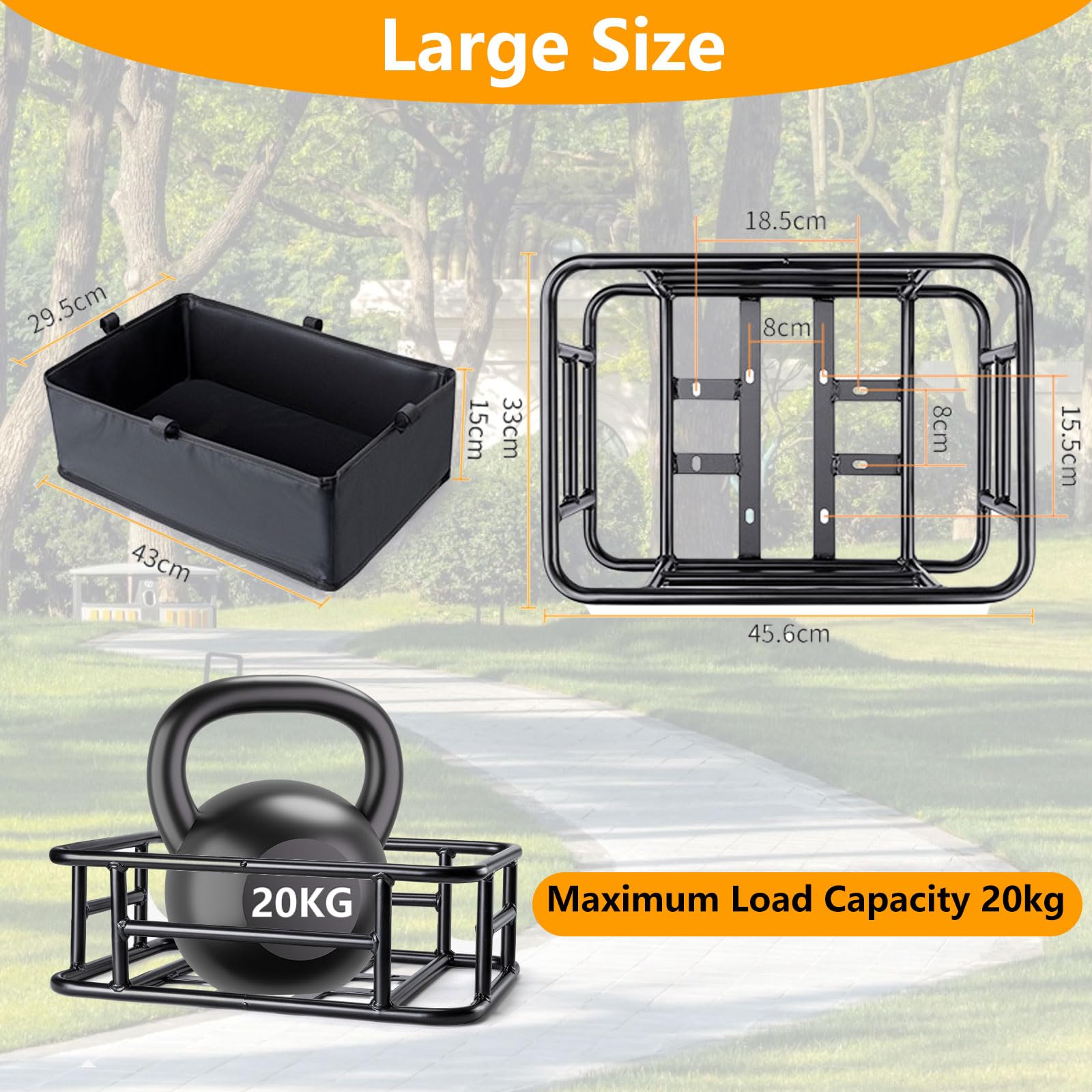Rear Bike Basket, Bike Rear Rack with Pu Waterproof Line, Heavy Duty Bicycle Basket, Metal Cargo Bike Basket Bike Rear Rack for Most Bikes