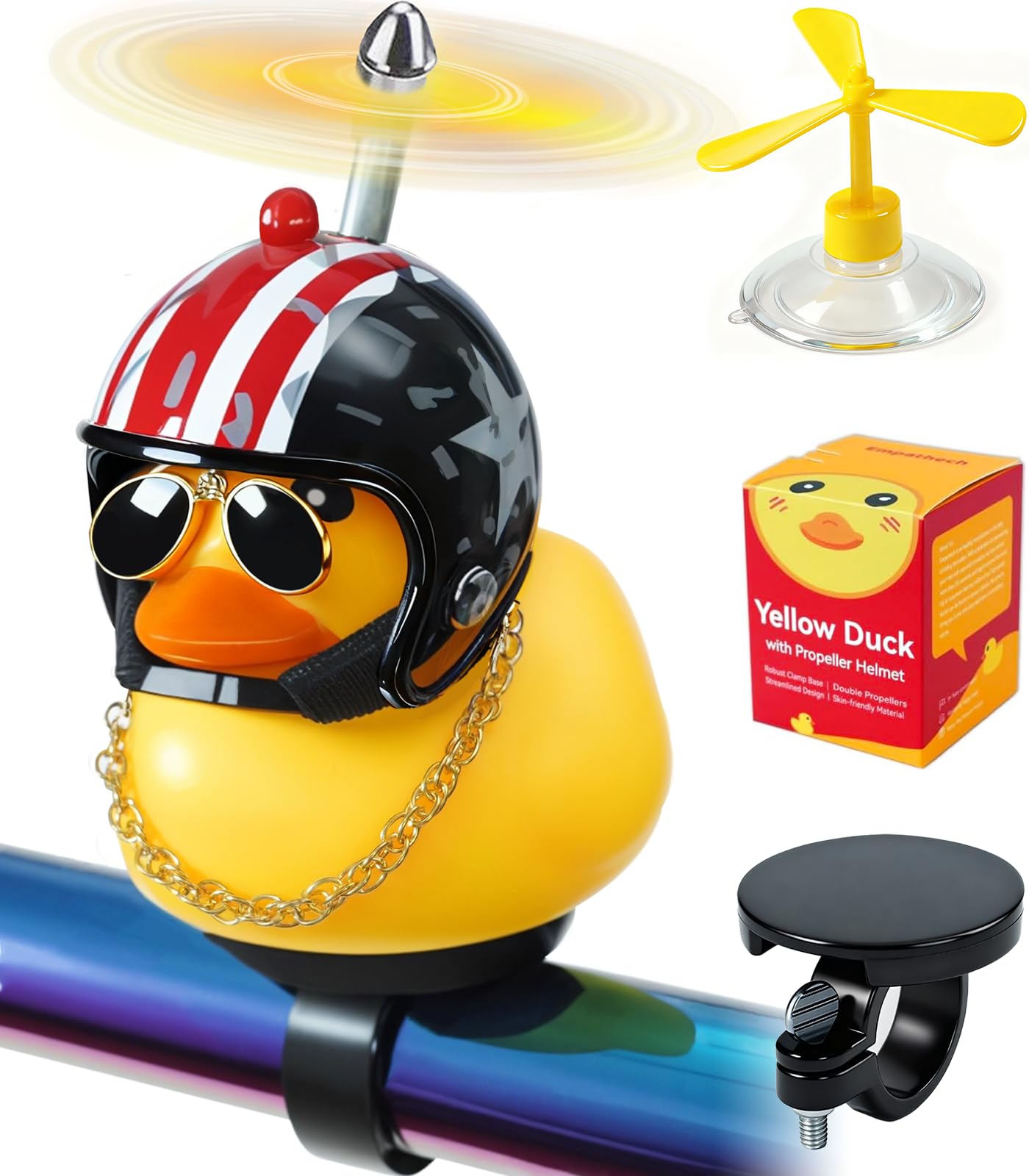 EMPATHECH Rubber Duck Bike Decorations [New Stable Clamp Mount] Cute Squeak Duck Bike Bell [Two Helmet Propeller] Funny Bike Accessories E Scooter Motorcycle Cycling Gifts