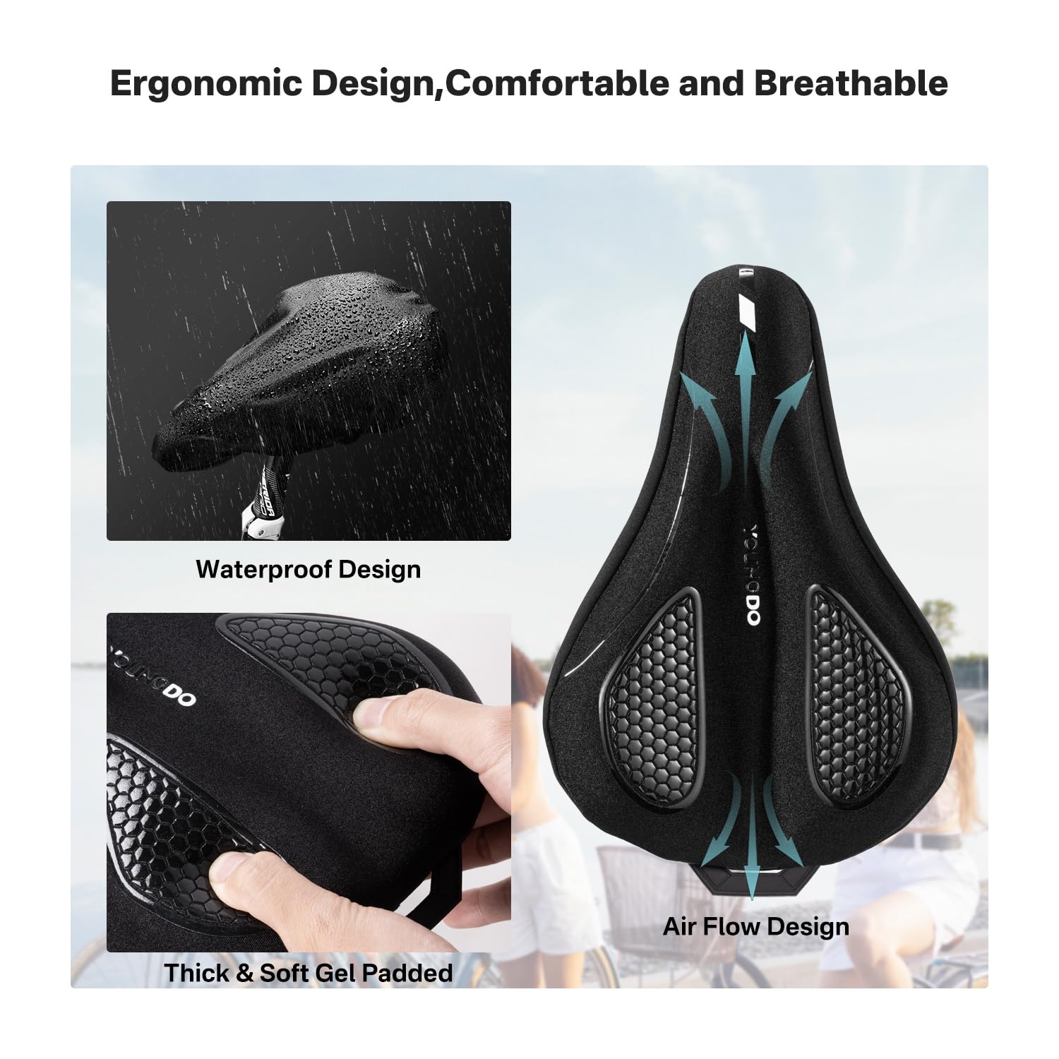 YOUNGDO Bike Seat Cushion with Waterproof Cover, Gel Bicycle Seats Pad for Narrow Saddle, Shock Absorbing, Fit for Peloton, BMX, MTB & Road