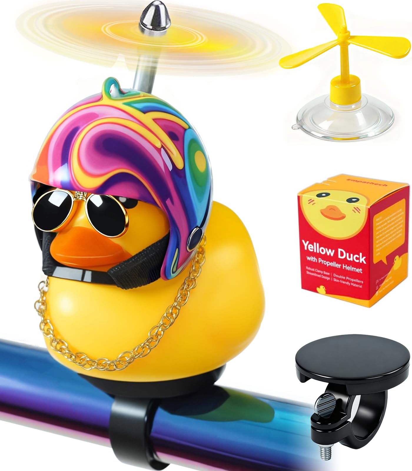 EMPATHECH Rubber Duck Bike Decorations [New Stable Clamp Mount] Cute Squeak Duck Bike Bell [Two Helmet Propeller] Funny Bike Accessories E Scooter Motorcycle Cycling Gifts