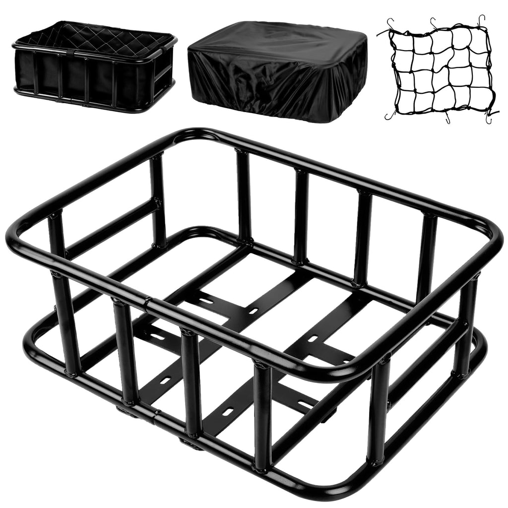 SAMRELAX Bike Basket Rear, Large Bicycle Basket with Cargo Net, Liner and Waterproof Cover for Electirc Bike, Ebike and Bikes, Large Capacity Wire Bakset