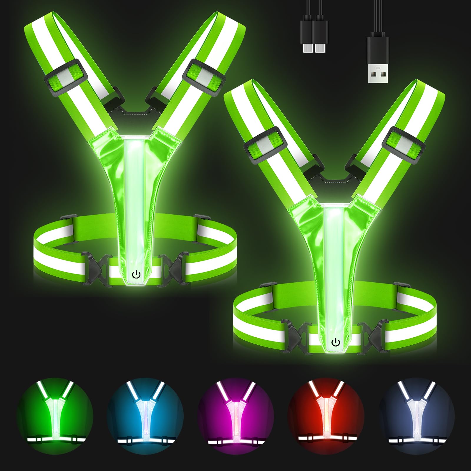 Zacro LED Reflective Vest Running Gear, 5 Lights Colors High Visibility Reflective Running Gear Rechargeable Light Up Running Vest for Walking Running Cycling, Adjustable for Men Women Kids