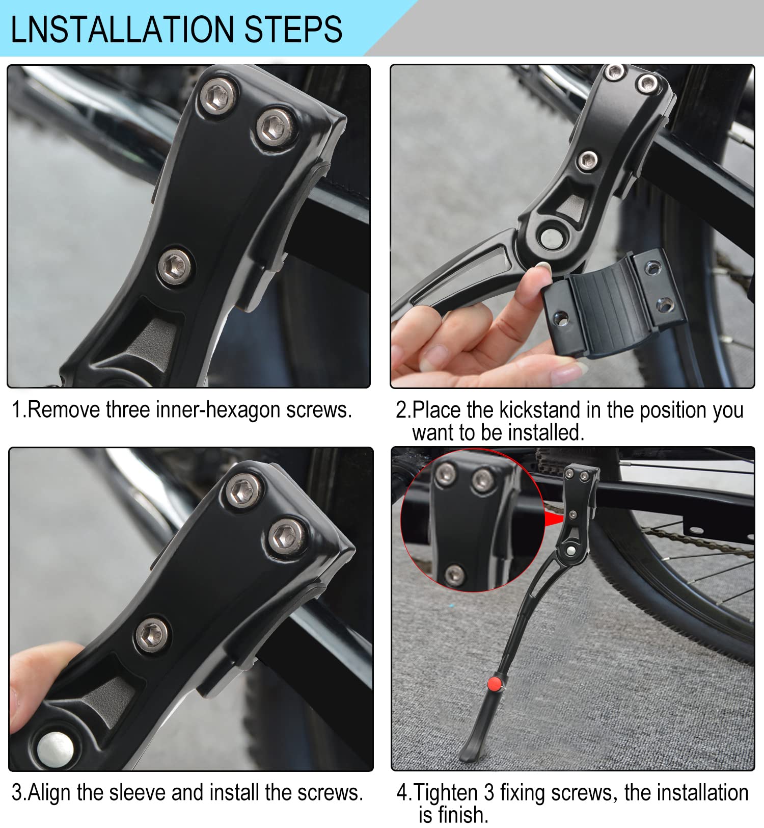 TOPCABIN Aluminium Alloy Adjustable Bike Kickstand, Fits 22"-28" Mountain Road Bike/BMX/MTB, Black, 12.2'-14.2' (310-360mm), Includes Wrench & Rubber Mat