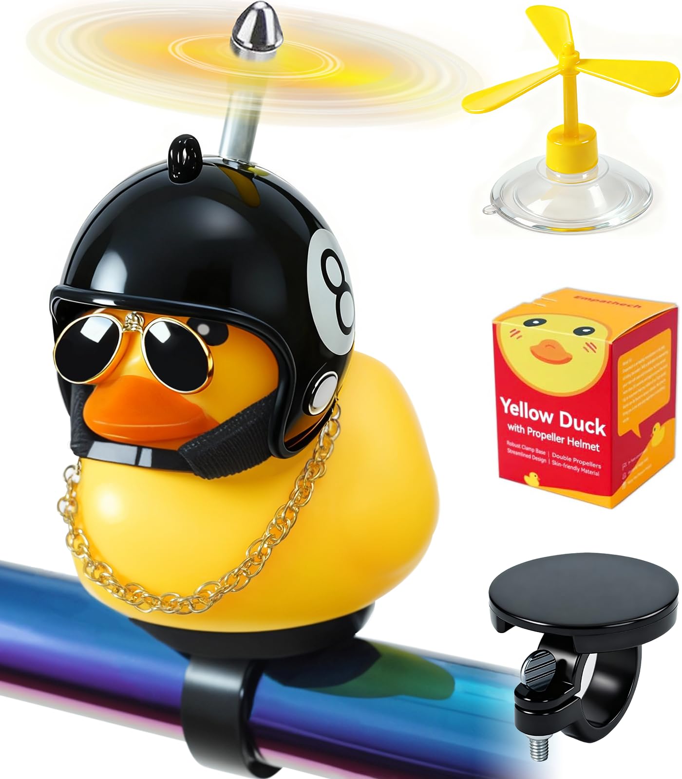 EMPATHECH Rubber Duck Bike Decorations [New Stable Clamp Mount] Cute Squeak Duck Bike Bell [Two Helmet Propeller] Funny Bike Accessories E Scooter Motorcycle Cycling Gifts