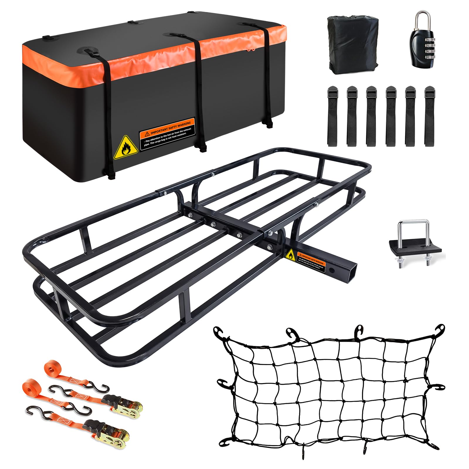 Hitch Roof Mount Cargo Carrier Basket + Waterproof Bag Cubic Feet,and Cargo Net with Attachment Hooks,Ratchet Straps.200 500 Lbs Capacity