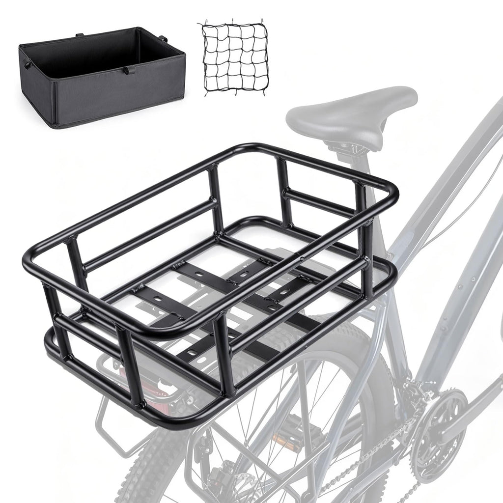Rear Bike Basket, Bike Rear Rack with Pu Waterproof Line, Heavy Duty Bicycle Basket, Metal Cargo Bike Basket Bike Rear Rack for Most Bikes