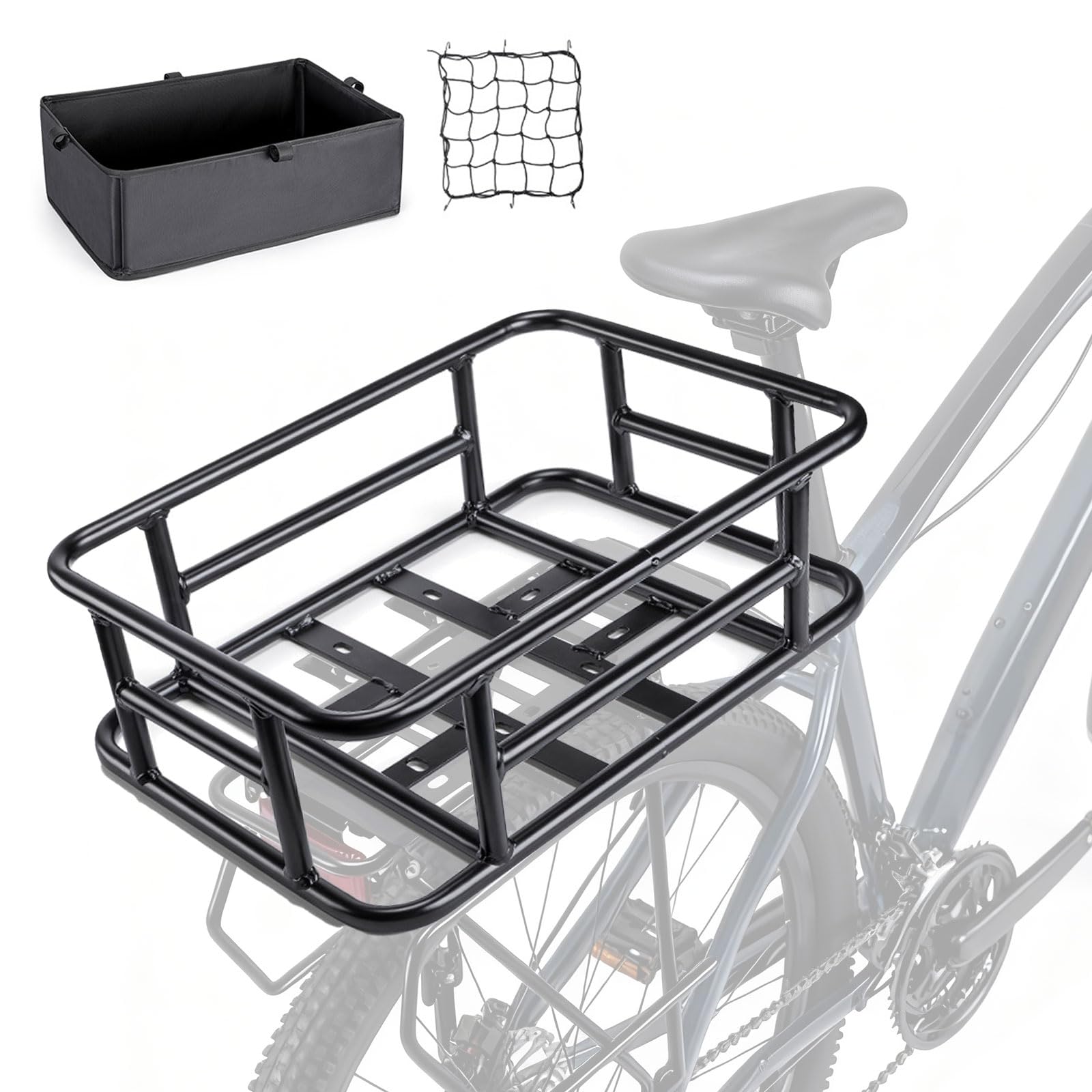Rear Bike Basket, Bike Rear Rack with Pu Waterproof Line, Heavy Duty Bicycle Basket, Metal Cargo Bike Basket Bike Rear Rack for Most Bikes