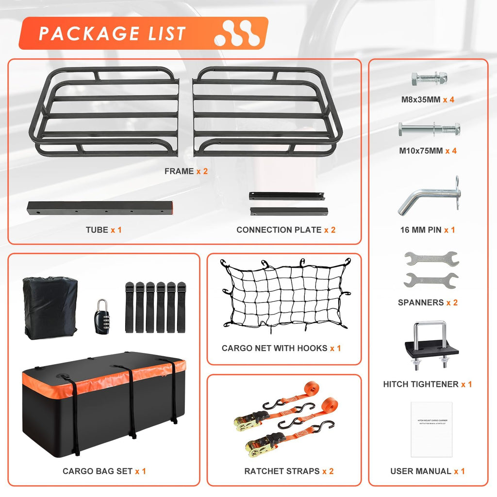 Hitch Roof Mount Cargo Carrier Basket + Waterproof Bag Cubic Feet,and Cargo Net with Attachment Hooks,Ratchet Straps.200 500 Lbs Capacity