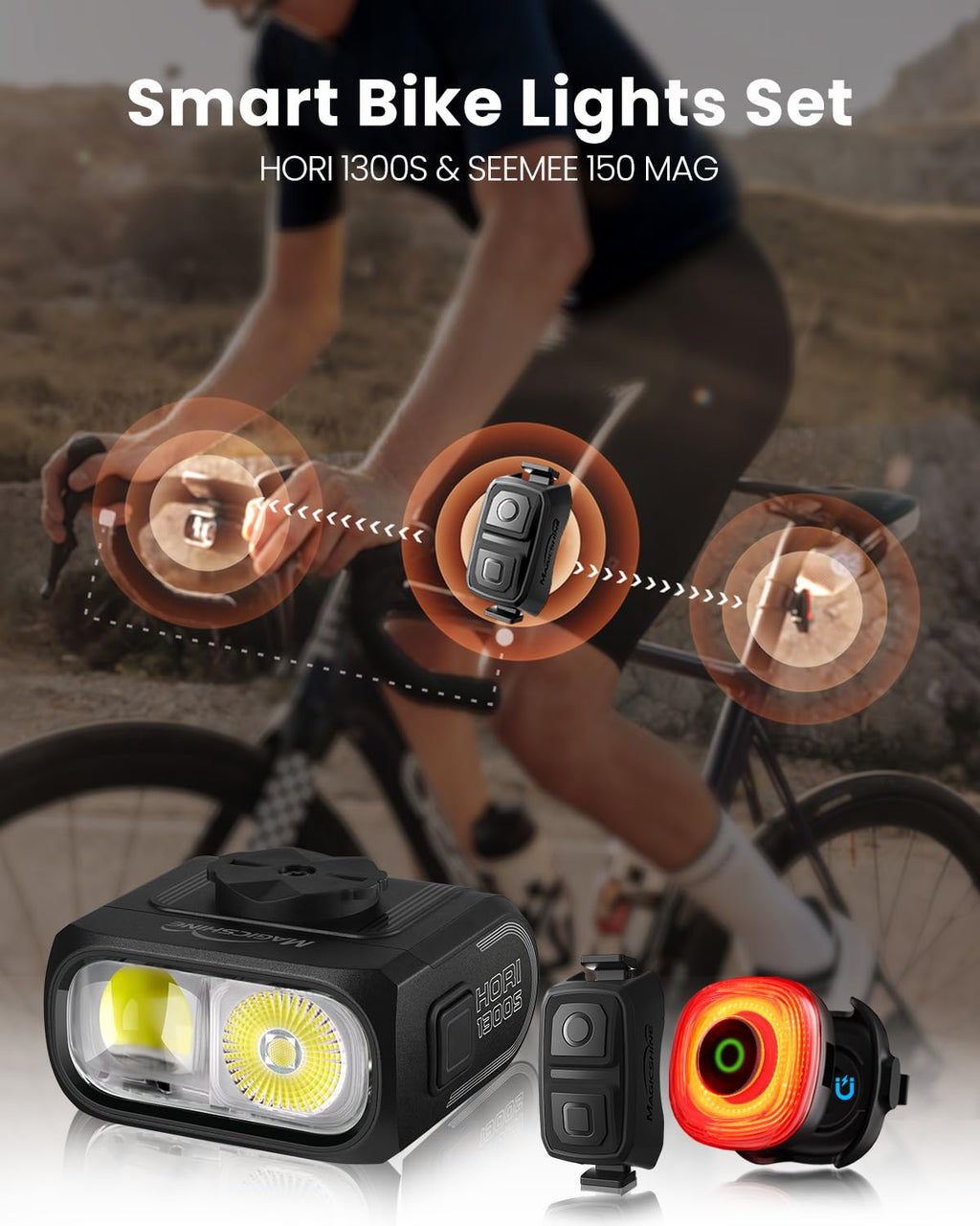 Magicshine HORI1300S & SEEMEE 150 MAG Bike Lights Front and Back, FTR LightSync One-Touch Control, 1300LM Front & 150LM Magnetic Rear Light, USB-C Rechargeable IPX6 Waterproof for Night Riding