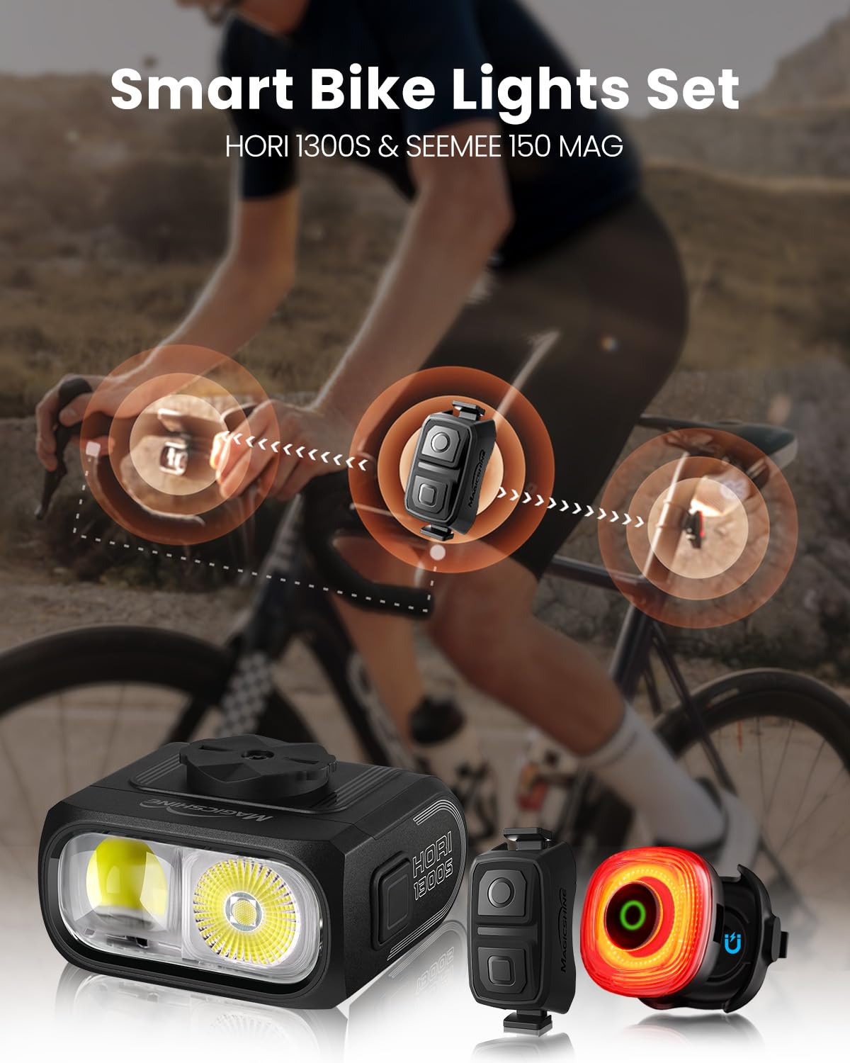 Magicshine HORI1300S & SEEMEE 150 MAG Bike Lights Front and Back, FTR LightSync One-Touch Control, 1300LM Front & 150LM Magnetic Rear Light, USB-C Rechargeable IPX6 Waterproof for Night Riding