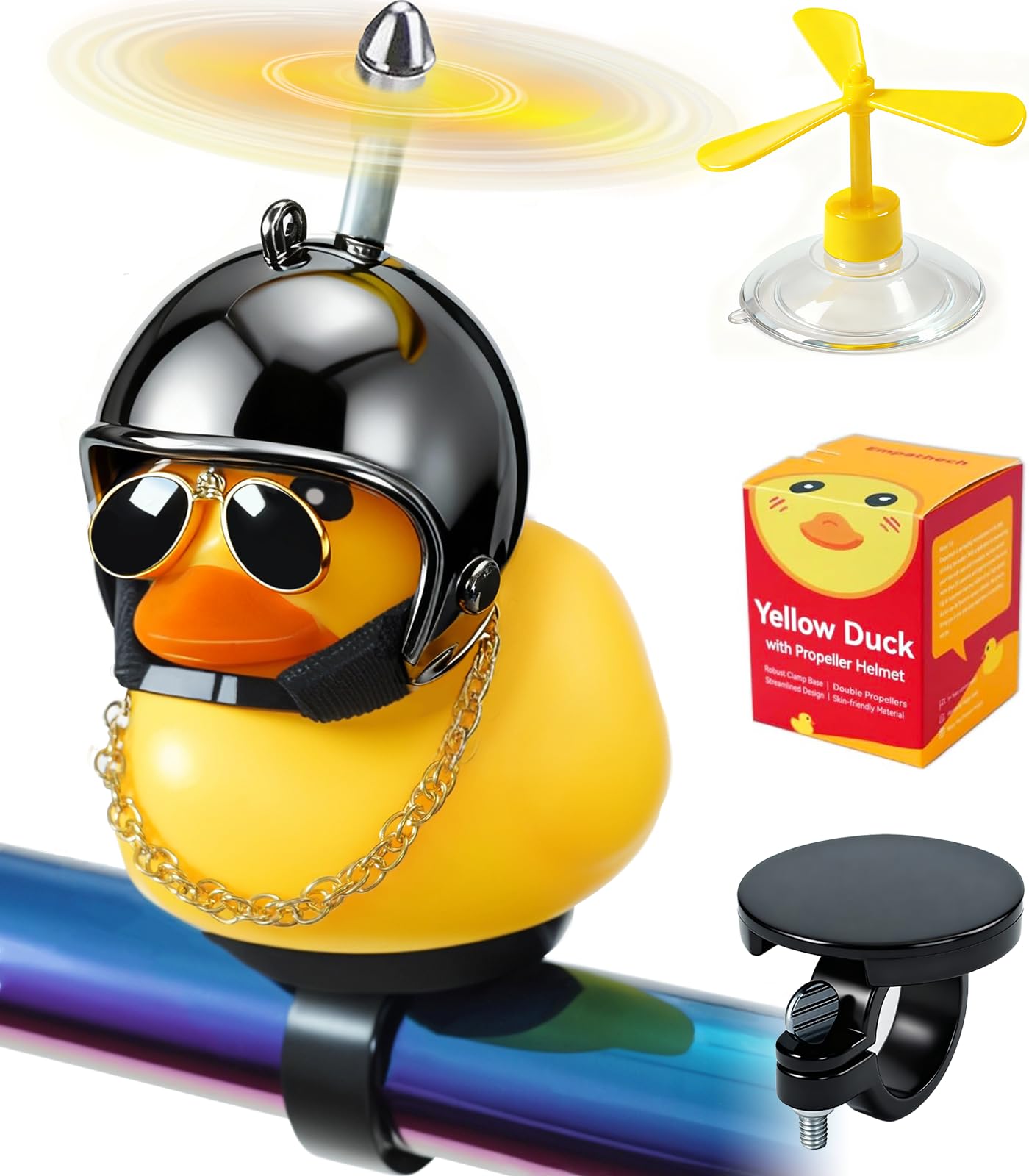 EMPATHECH Rubber Duck Bike Decorations [New Stable Clamp Mount] Cute Squeak Duck Bike Bell [Two Helmet Propeller] Funny Bike Accessories E Scooter Motorcycle Cycling Gifts