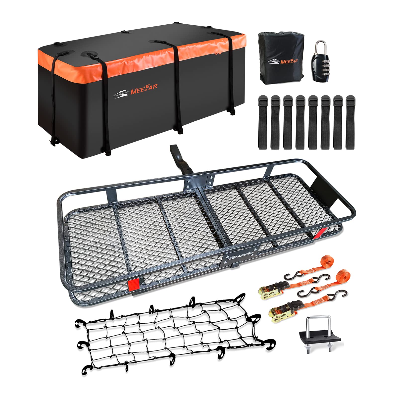 Hitch Roof Mount Cargo Carrier Basket + Waterproof Bag Cubic Feet,and Cargo Net with Attachment Hooks,Ratchet Straps.200 500 Lbs Capacity