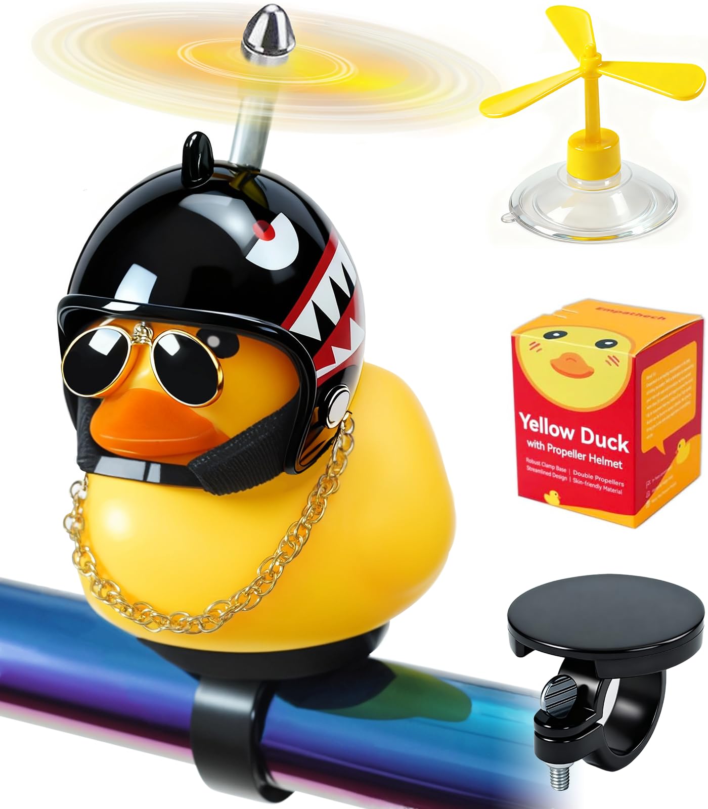 EMPATHECH Rubber Duck Bike Decorations [New Stable Clamp Mount] Cute Squeak Duck Bike Bell [Two Helmet Propeller] Funny Bike Accessories E Scooter Motorcycle Cycling Gifts