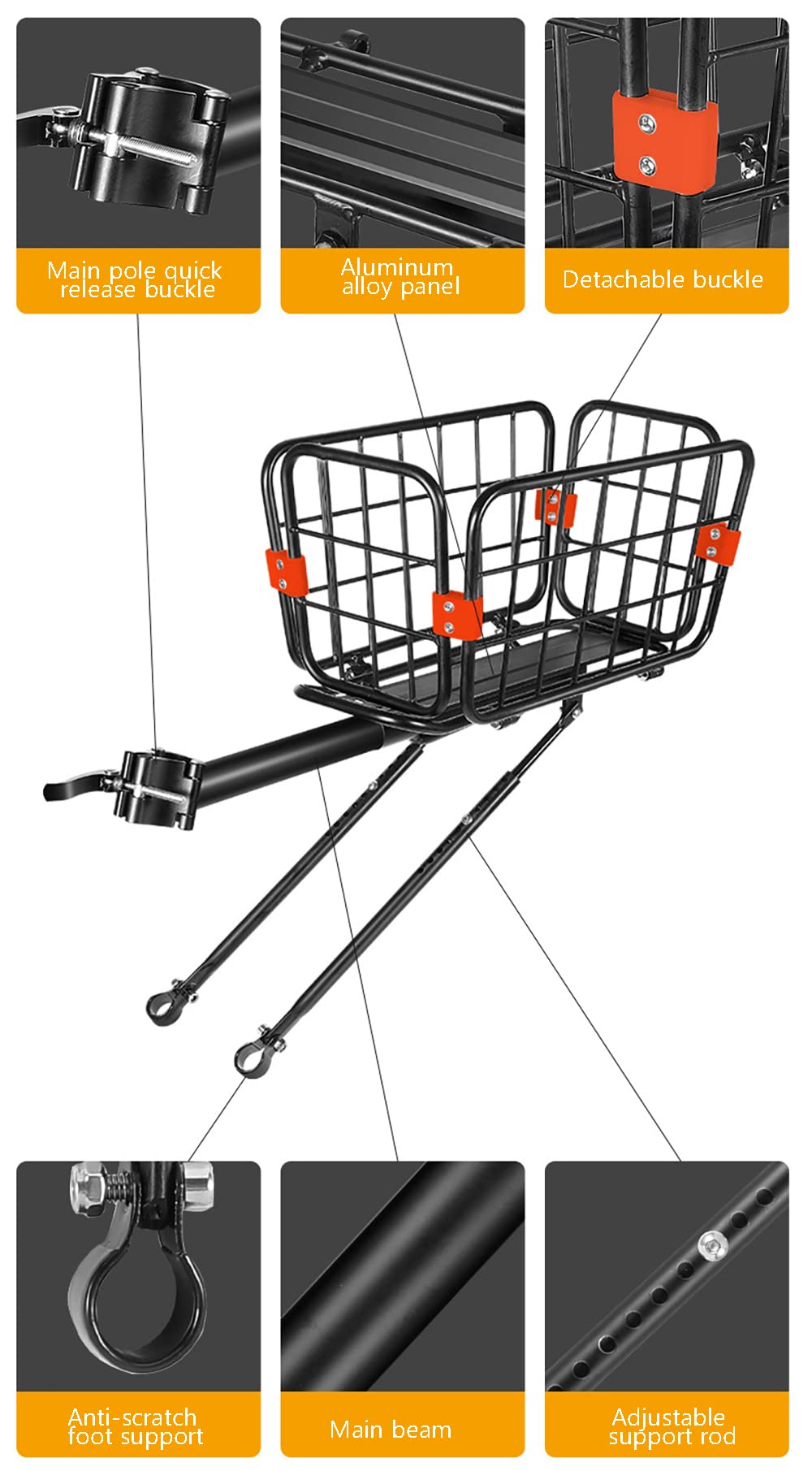 Bicycle Basket, Rear Bike Rack,Quick Release Bicycle Luggage Rack with Basket, Quick Release and Adjustable,75Kg Load,Aluminum Alloy