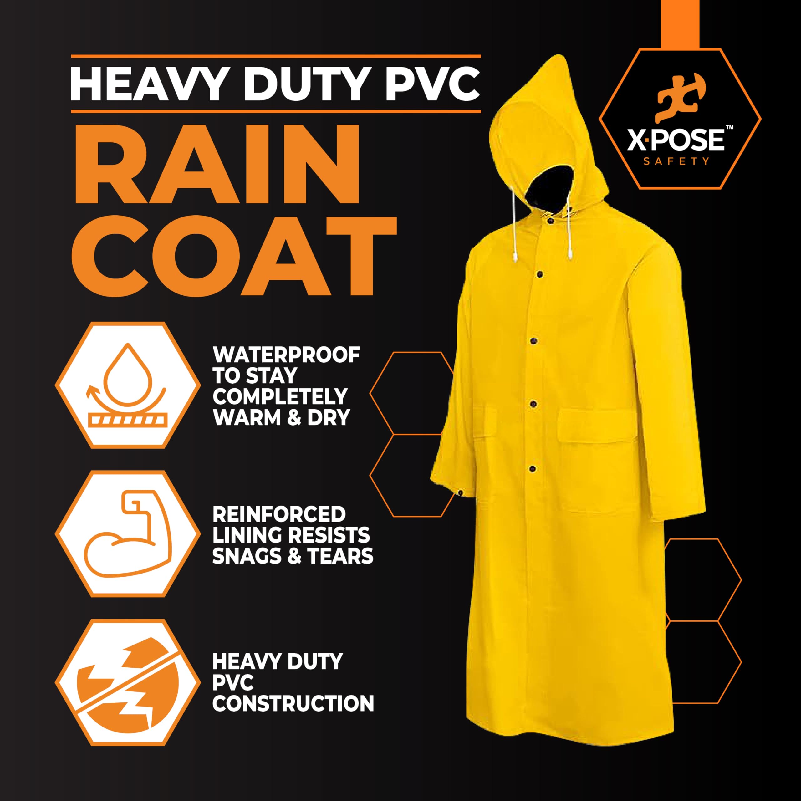 Xpose Safety Heavy Duty Yellow Rain Coat –.35mm PVC 48in Raincoat Jacket with Detachable Hood - Waterproof - Storm Weather, Raining, Fishing, Wet Work Conditions - 4XL