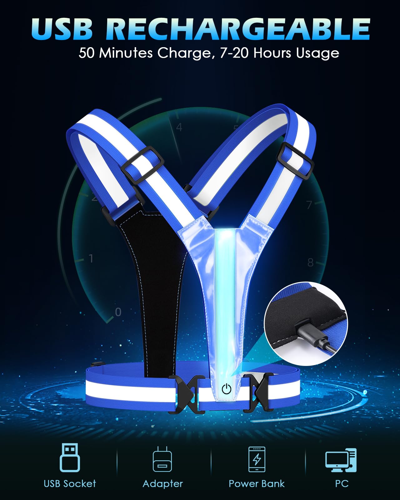 Zacro LED Reflective Vest Running Gear, 5 Lights Colors High Visibility Reflective Running Gear Rechargeable Light Up Running Vest for Walking Running Cycling, Adjustable for Men Women Kids