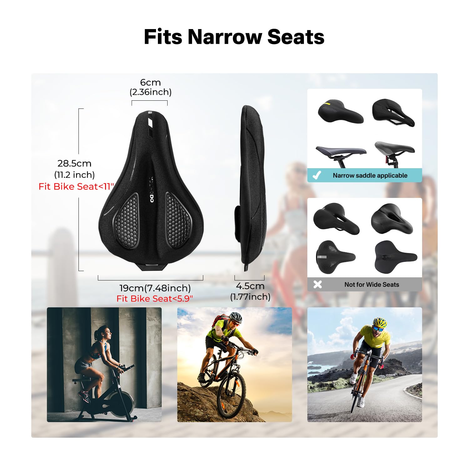 YOUNGDO Bike Seat Cushion with Waterproof Cover, Gel Bicycle Seats Pad for Narrow Saddle, Shock Absorbing, Fit for Peloton, BMX, MTB & Road