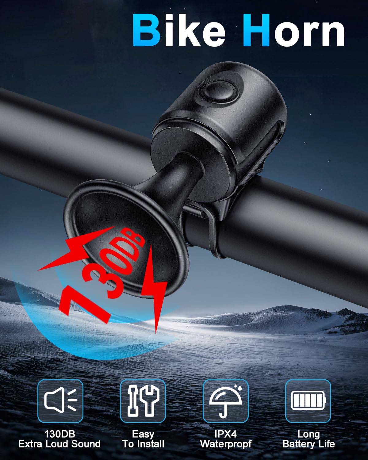 Electric Bike Horn 130db Loud Bicycle Horn，Bike Bell for 22.2-32mm Handlebars Bike Horn for Adults with 3V Battery,Easy Installation Bicycle Bells for Adults Kids Mountain Bike/Scooter/Ebike