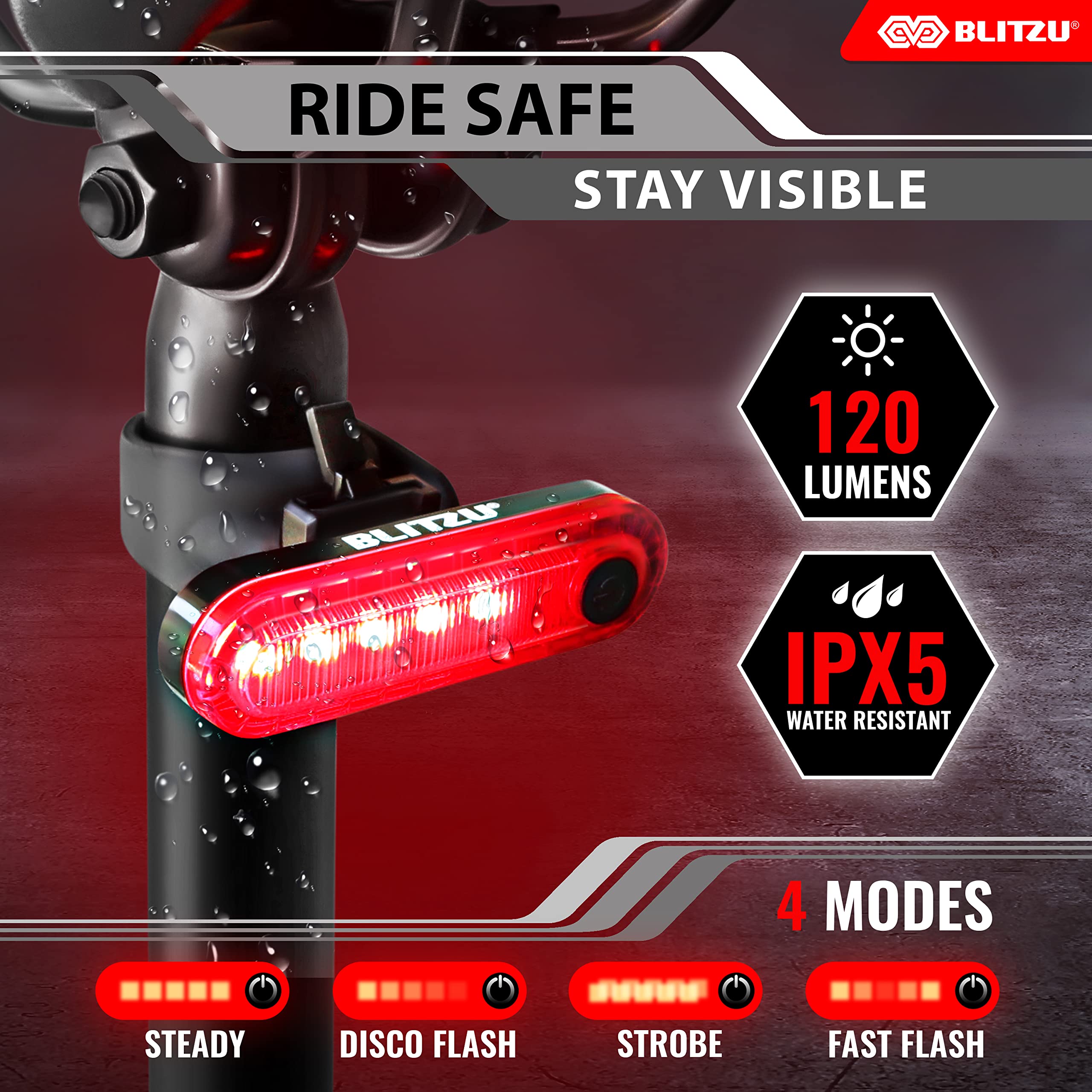 BLITZU USB-C Rechargeable LED Bike Tail Lights, 2-Pack