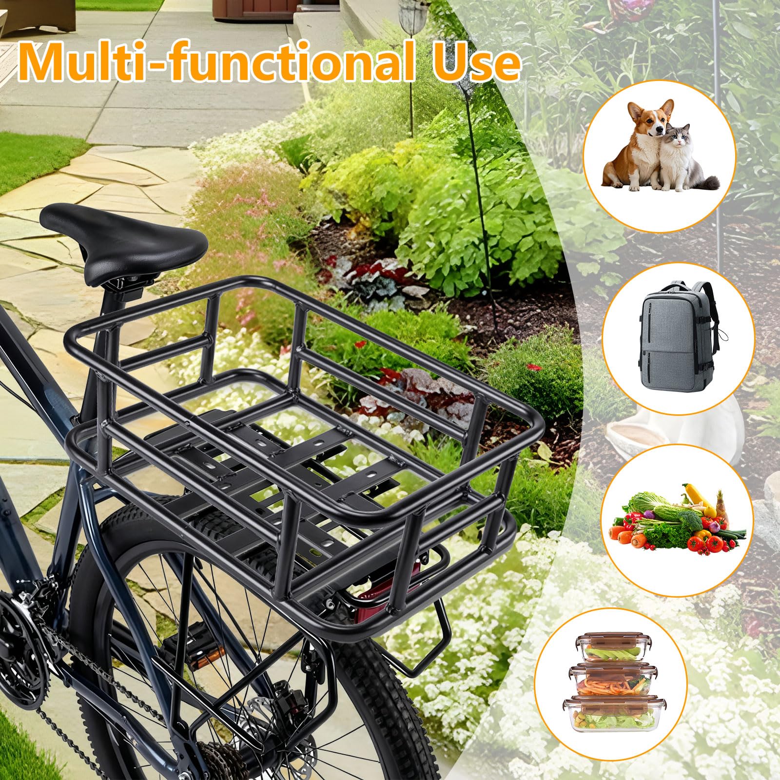 Rear Bike Basket, Bike Rear Rack with Pu Waterproof Line, Heavy Duty Bicycle Basket, Metal Cargo Bike Basket Bike Rear Rack for Most Bikes