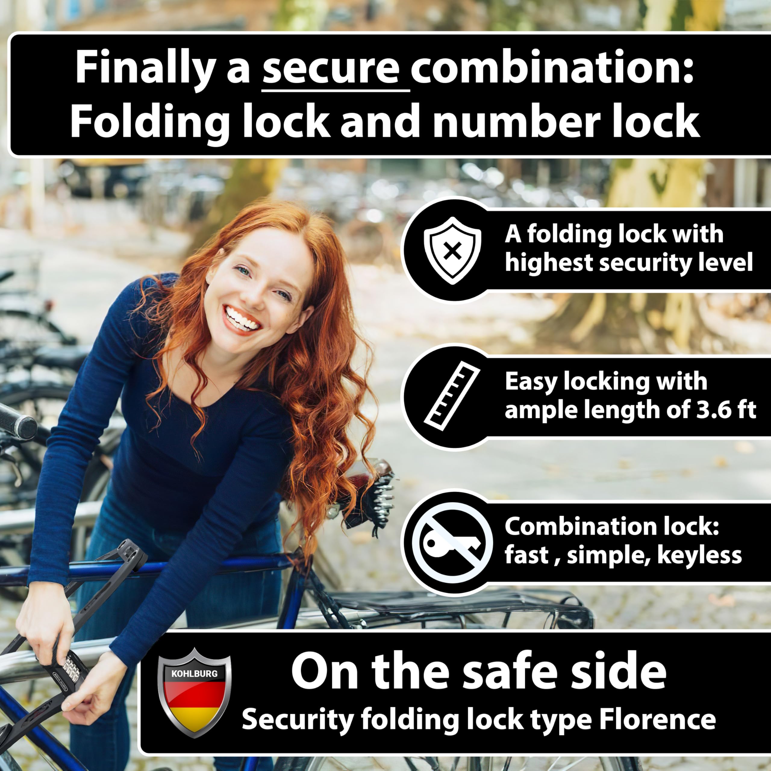 KOHLBURG Security Combination Folding Bike Lock [Bolt Cutter Proof] 43”