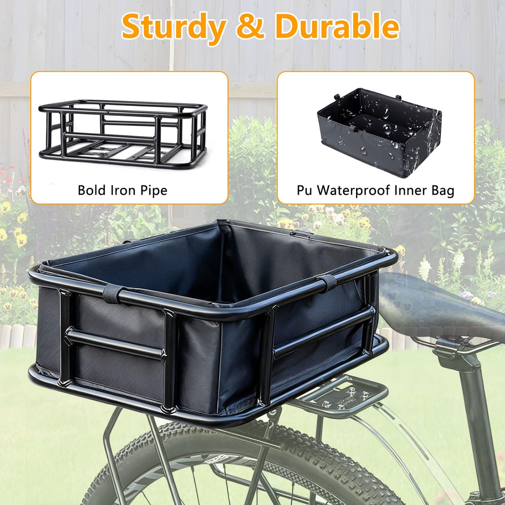 Rear Bike Basket, Bike Rear Rack with Pu Waterproof Line, Heavy Duty Bicycle Basket, Metal Cargo Bike Basket Bike Rear Rack for Most Bikes