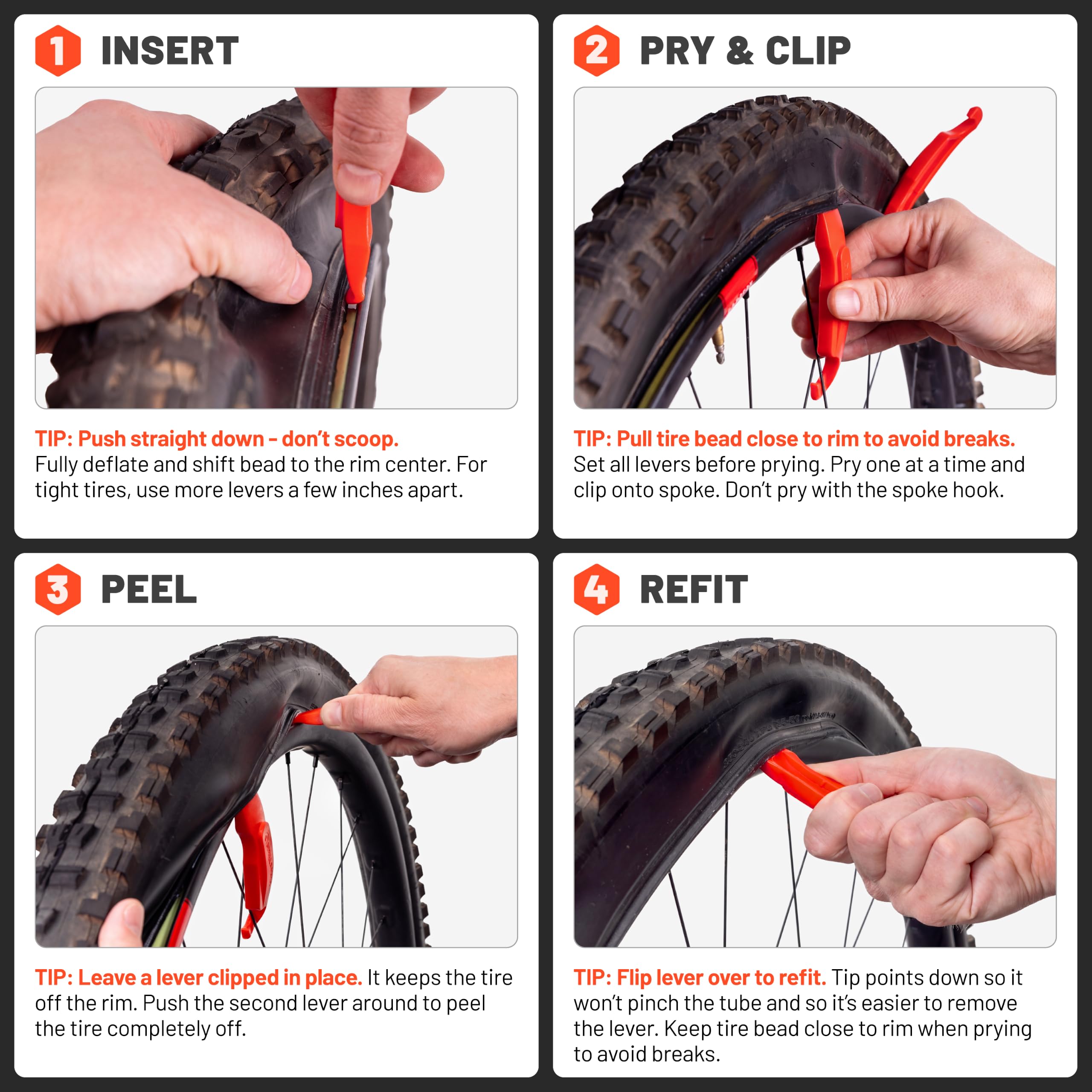 Gorilla Force Bike Tire Levers Set, Easy-to-Use Bicycle Tire Levers Tool Set for Removal, Changing, and Repair – Strong No-Scratch Plastic for Road, MTB, and Mountain Kits (Lava Red)