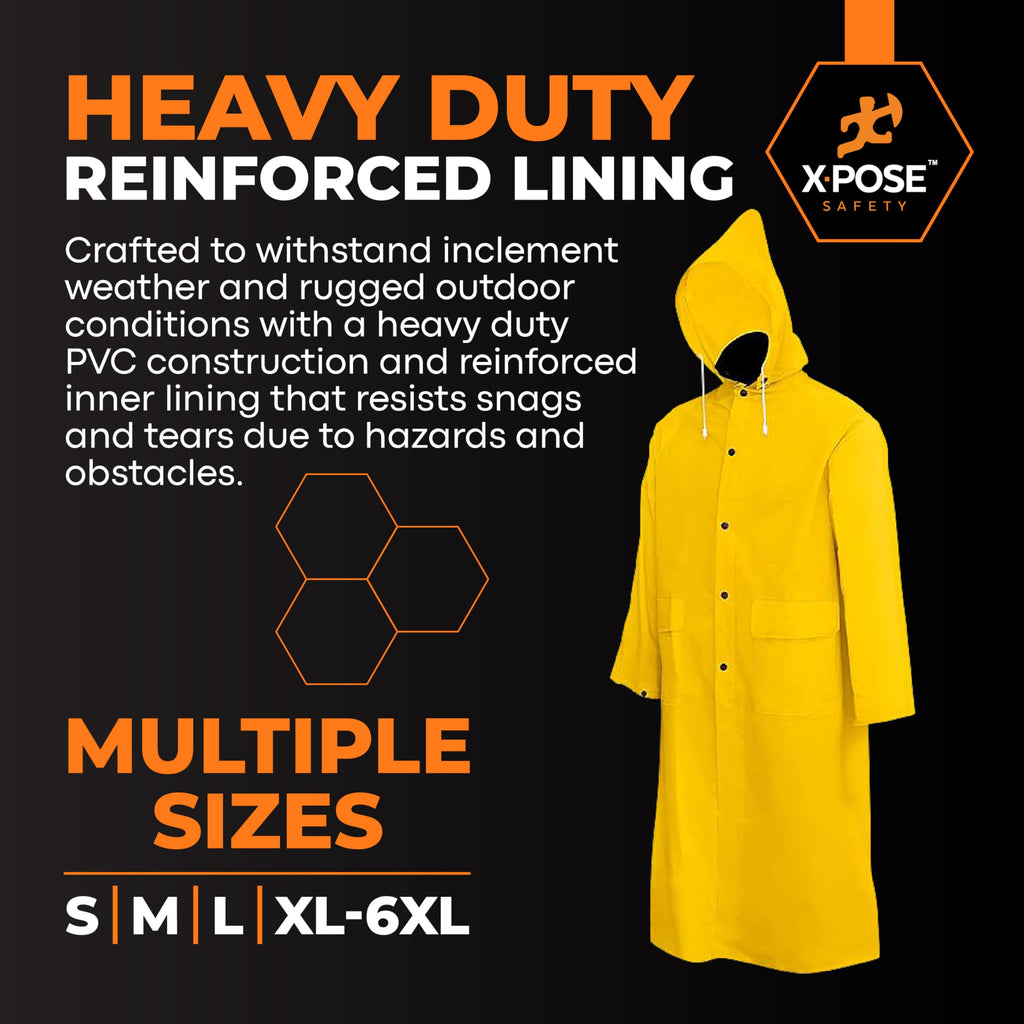 Xpose Safety Heavy Duty Yellow Rain Coat –.35mm PVC 48in Raincoat Jacket with Detachable Hood - Waterproof - Storm Weather, Raining, Fishing, Wet Work Conditions - 4XL