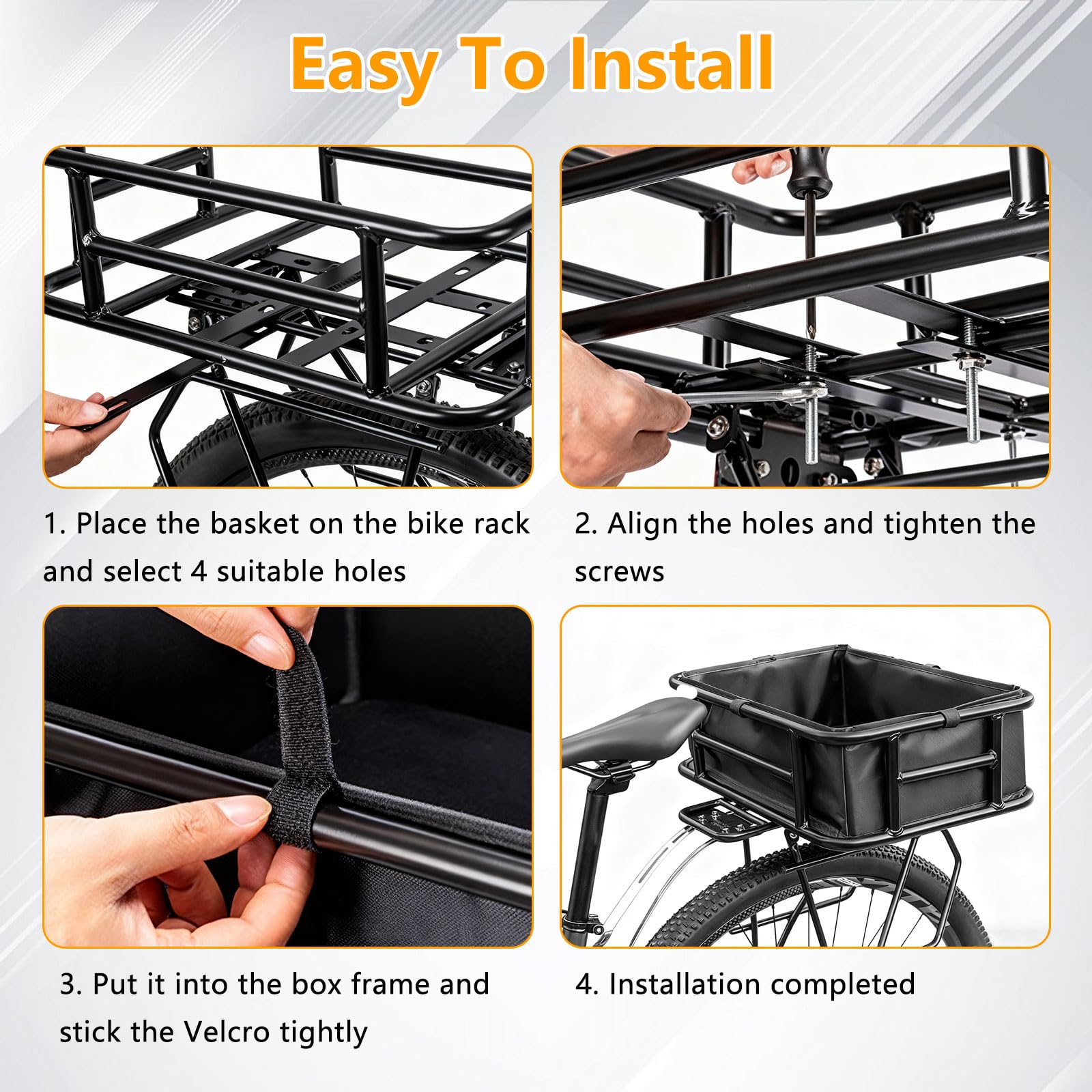 Rear Bike Basket, Bike Rear Rack with Pu Waterproof Line, Heavy Duty Bicycle Basket, Metal Cargo Bike Basket Bike Rear Rack for Most Bikes