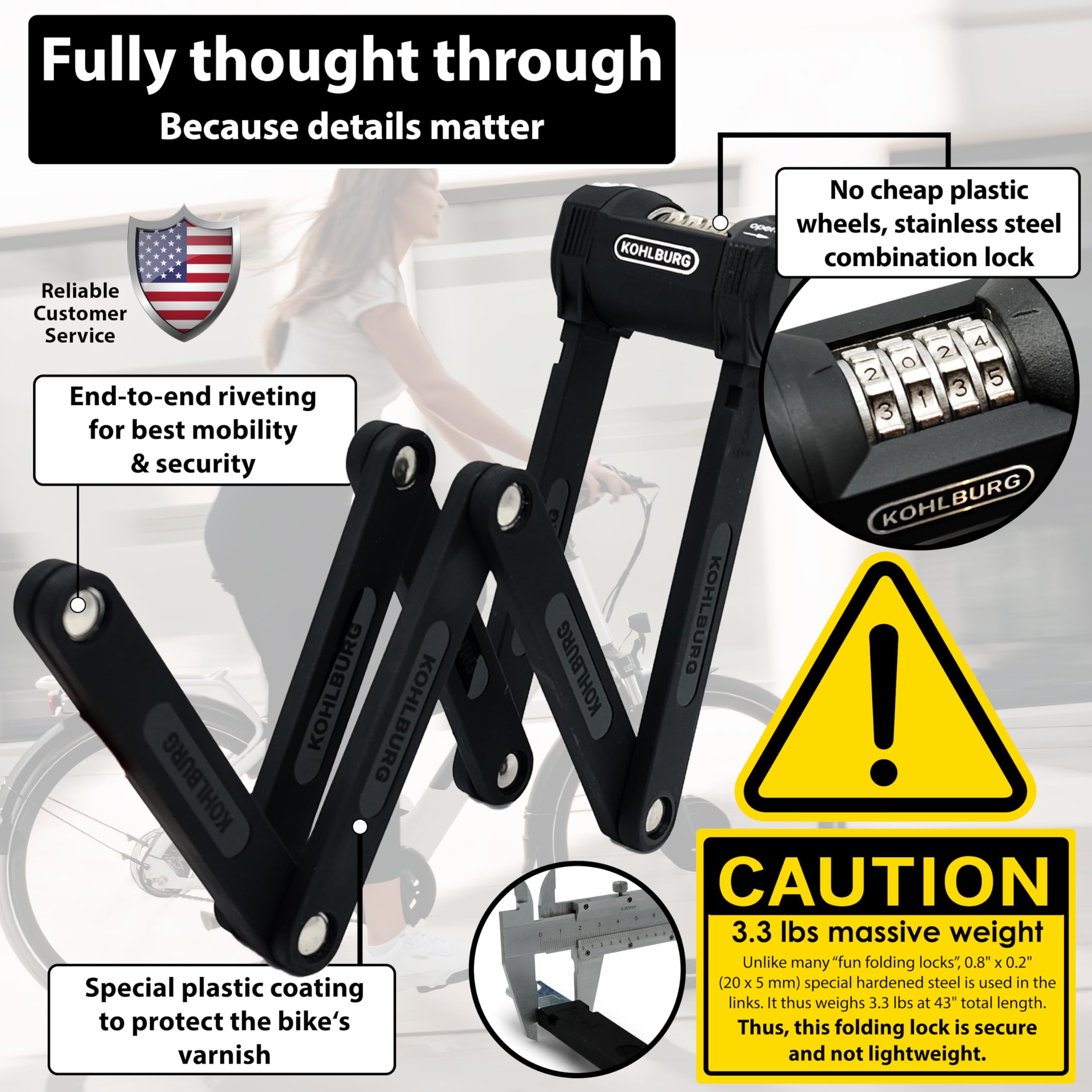 KOHLBURG Security Combination Folding Bike Lock [Bolt Cutter Proof] 43”