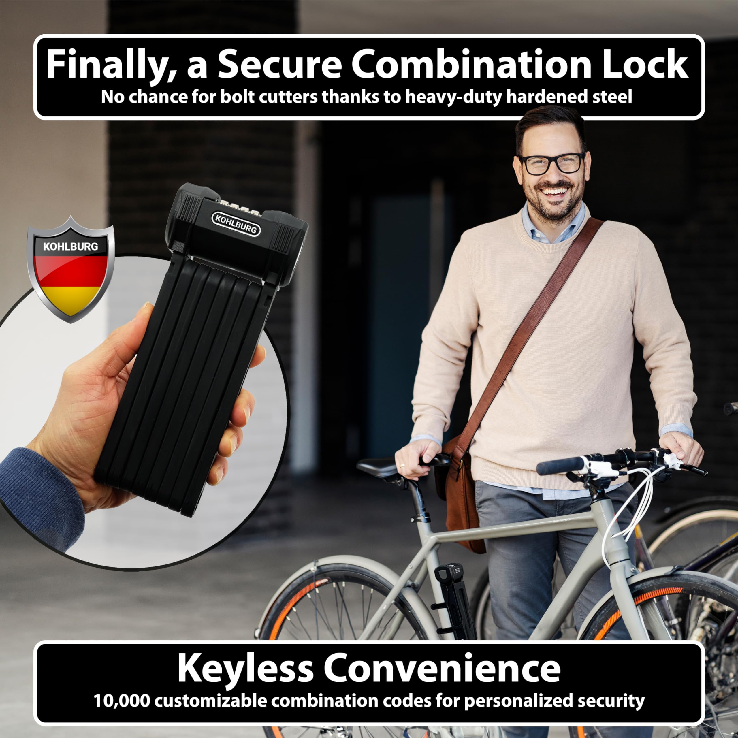 KOHLBURG Security Combination Folding Bike Lock [Bolt Cutter Proof] 43”