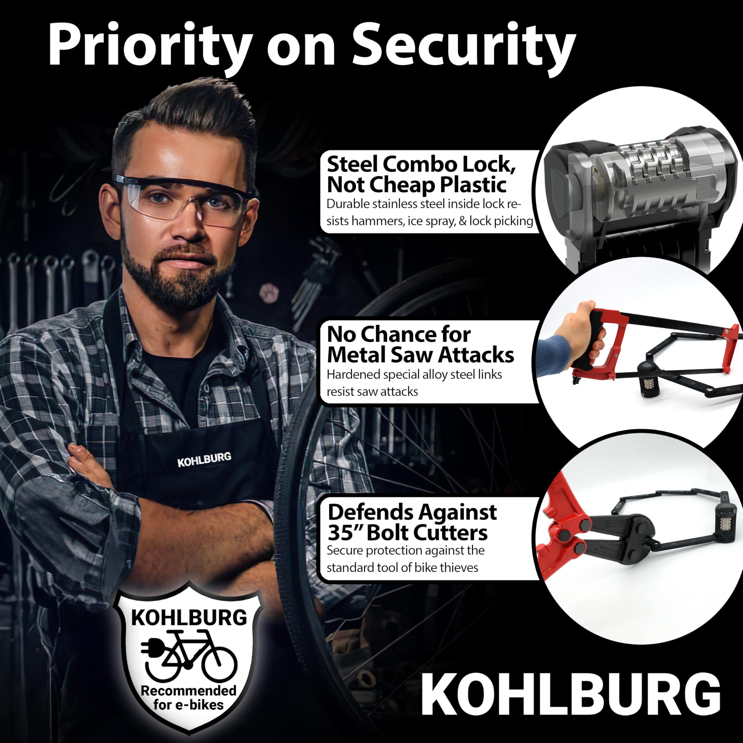 KOHLBURG Security Combination Folding Bike Lock [Bolt Cutter Proof] 43”