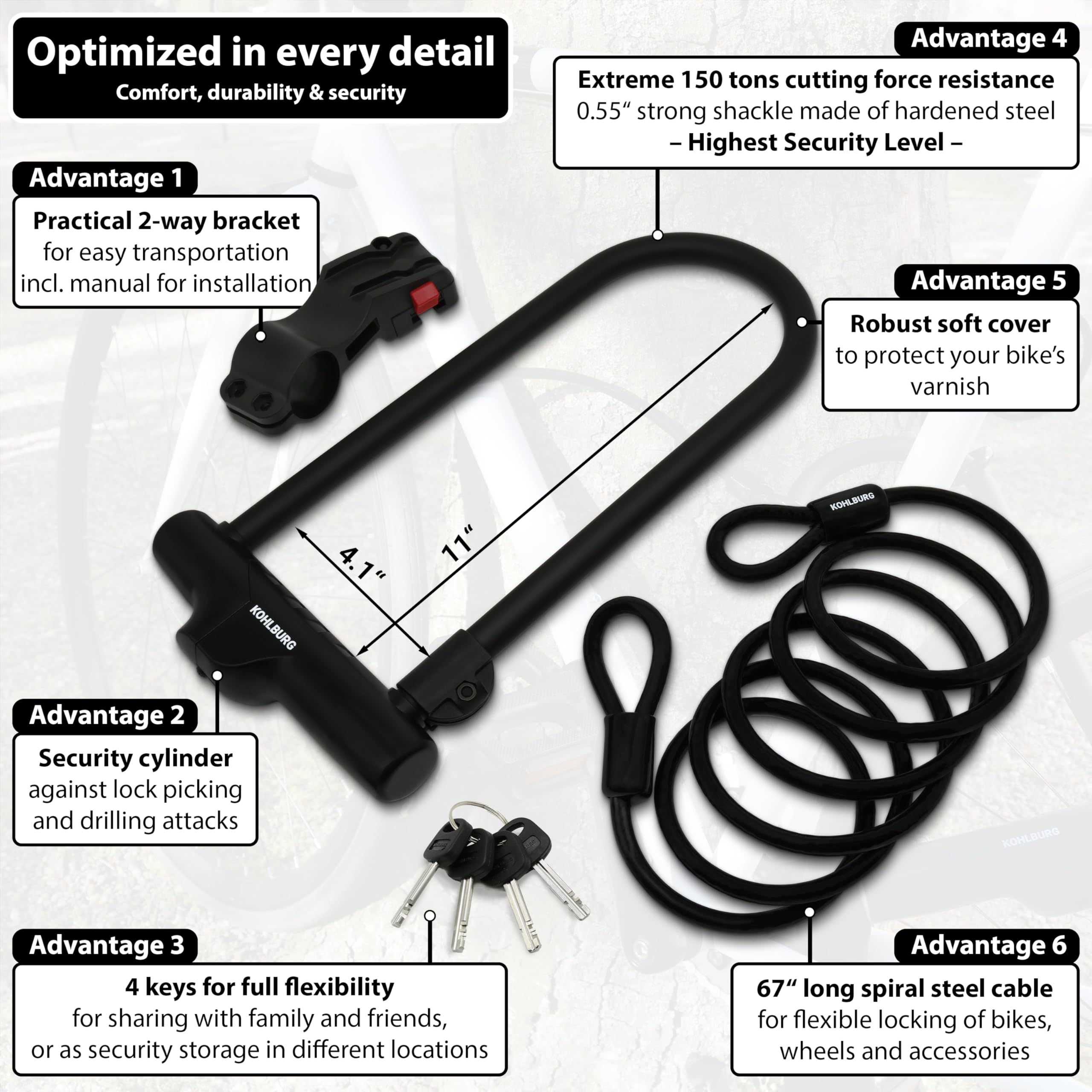 KOHLBURG Highest Security U Lock [Sold Secure Diamond] Bike Lock, 4 Keys