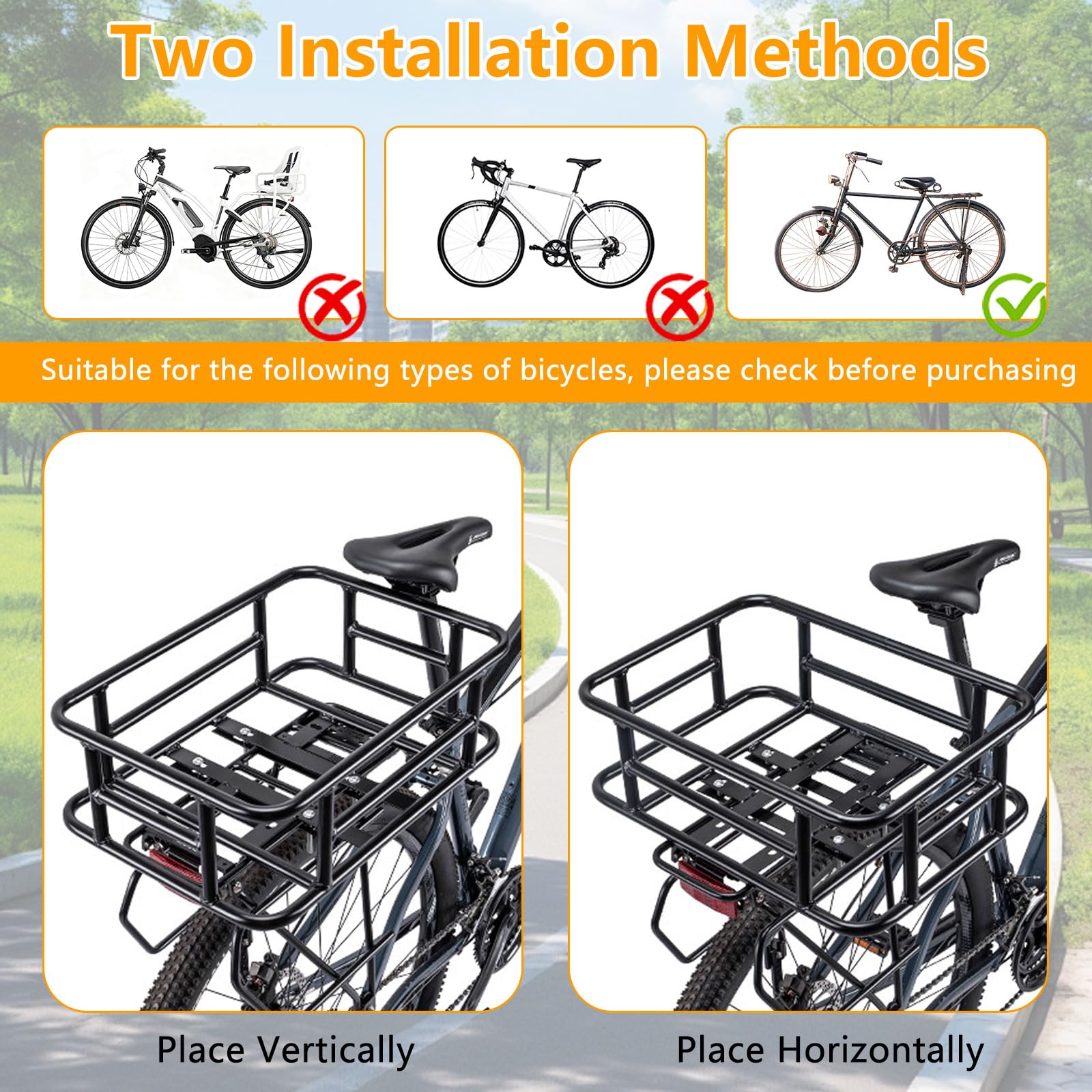 Rear Bike Basket, Bike Rear Rack with Pu Waterproof Line, Heavy Duty Bicycle Basket, Metal Cargo Bike Basket Bike Rear Rack for Most Bikes