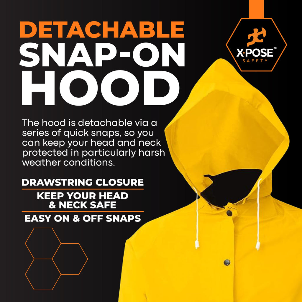Xpose Safety Heavy Duty Yellow Rain Coat –.35mm PVC 48in Raincoat Jacket with Detachable Hood - Waterproof - Storm Weather, Raining, Fishing, Wet Work Conditions - 4XL