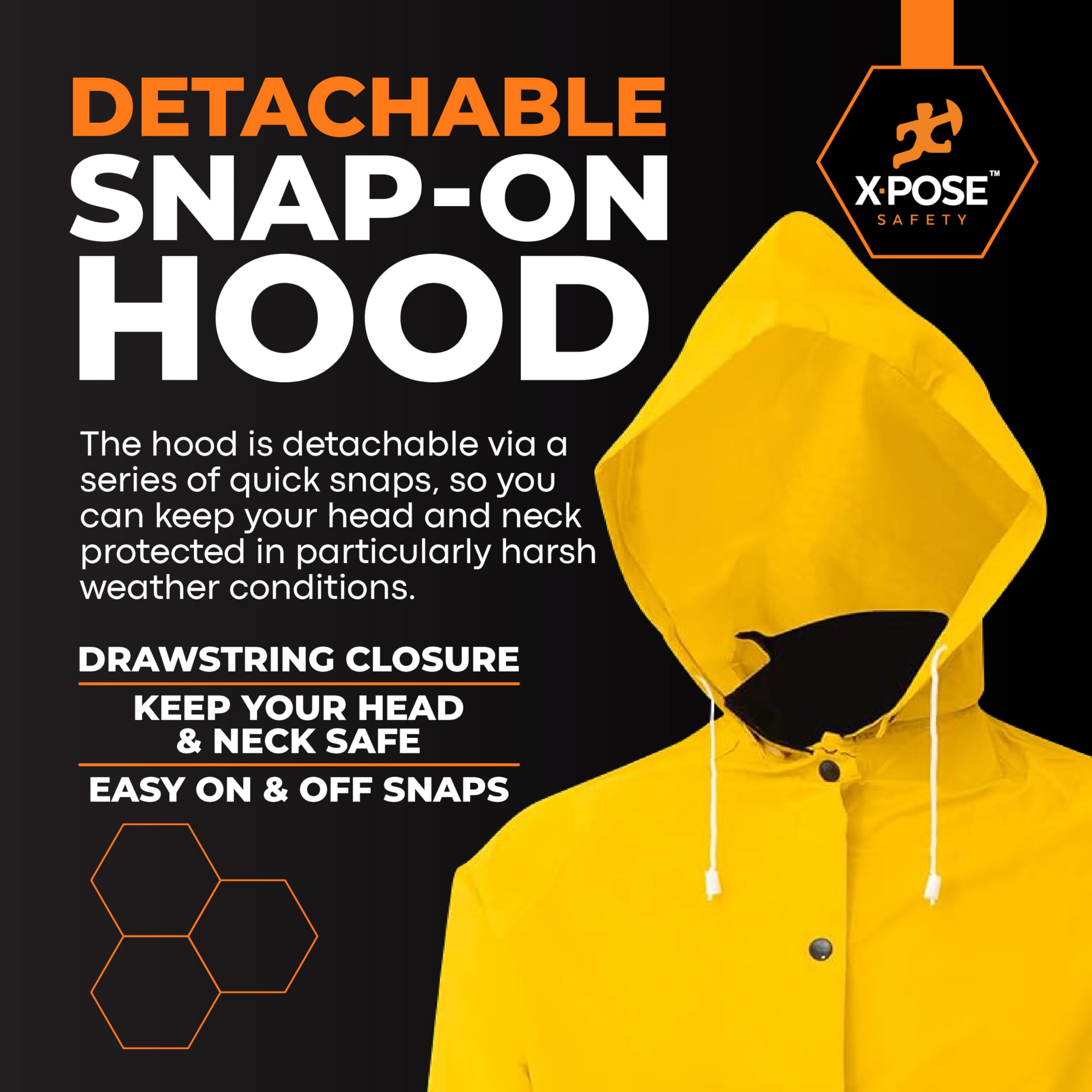 Xpose Safety Heavy Duty Yellow Rain Coat –.35mm PVC 48in Raincoat Jacket with Detachable Hood - Waterproof - Storm Weather, Raining, Fishing, Wet Work Conditions - 4XL