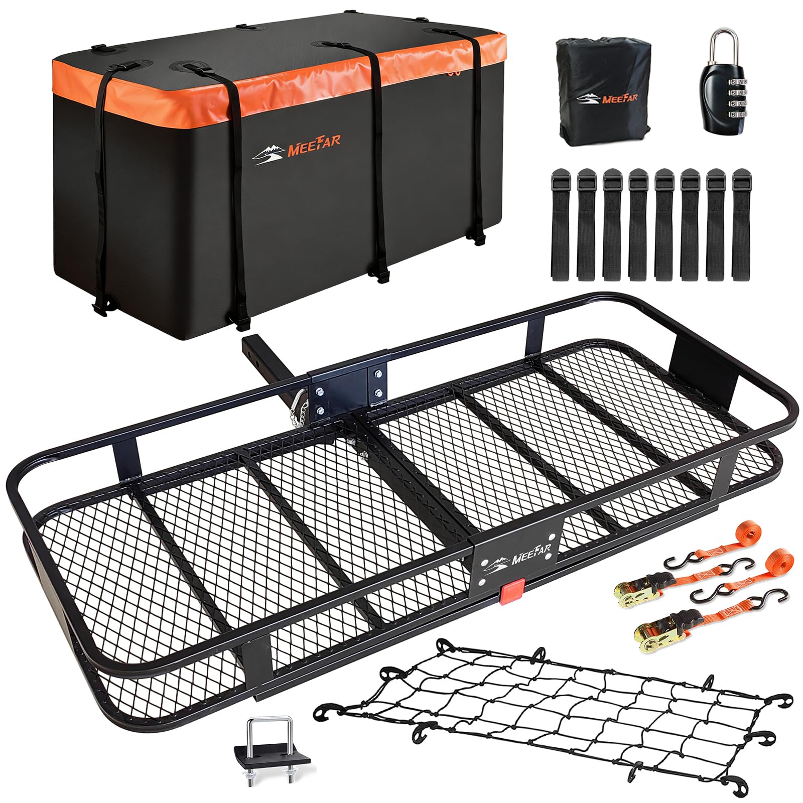 Hitch Roof Mount Cargo Carrier Basket + Waterproof Bag Cubic Feet,and Cargo Net with Attachment Hooks,Ratchet Straps.200 500 Lbs Capacity