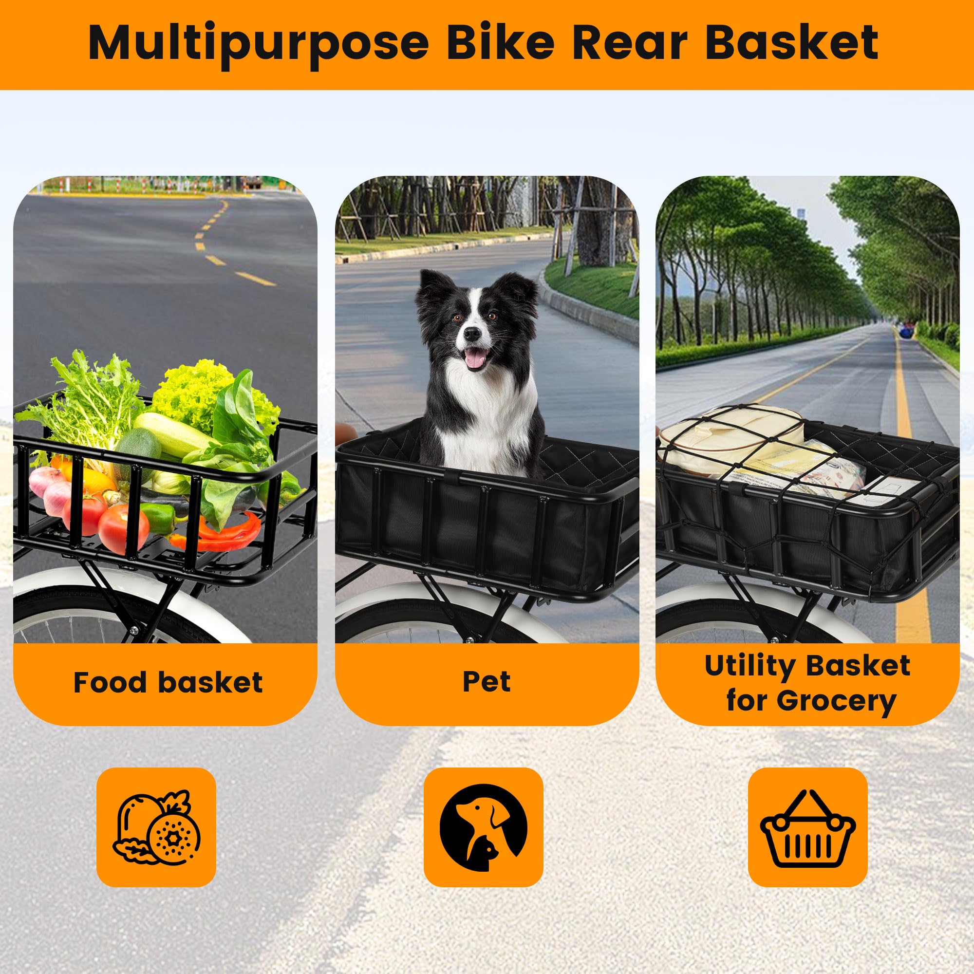 SAMRELAX Bike Basket Rear, Large Bicycle Basket with Cargo Net, Liner and Waterproof Cover for Electirc Bike, Ebike and Bikes, Large Capacity Wire Bakset