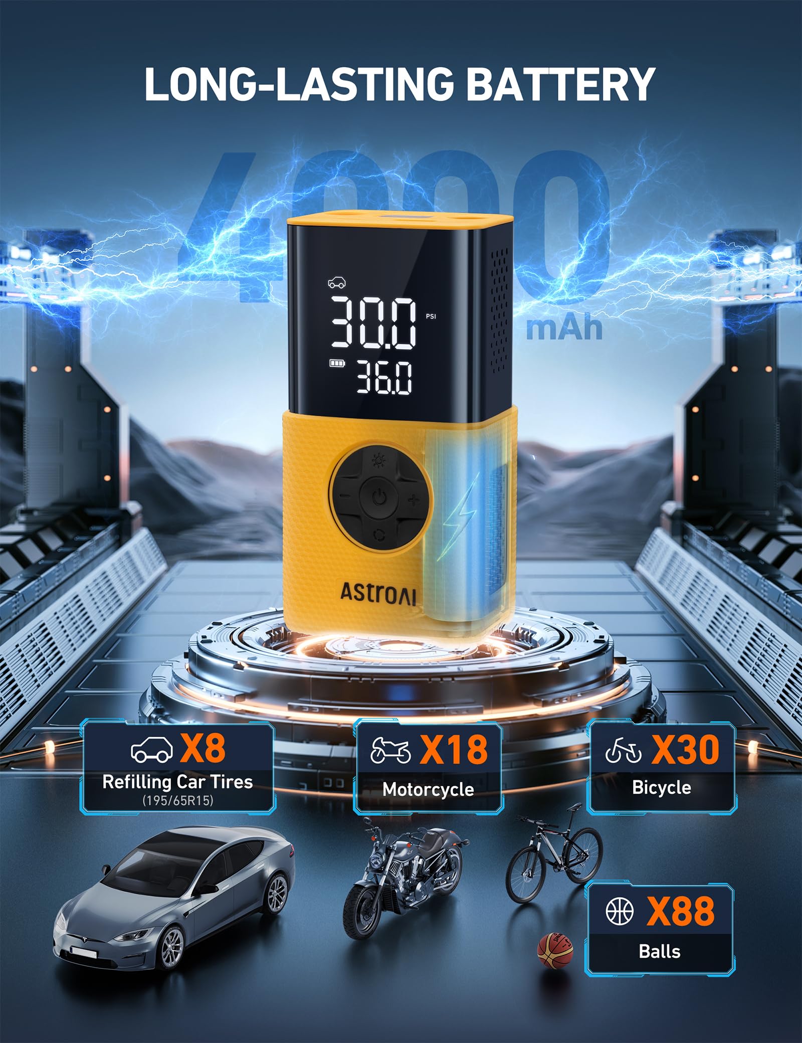 AstroAI L7 & L7S Tire Inflator Portable Air Compressor Cordless Bike Pump with Digital Dual Values Display, 150 PSI Car Tires Pump with LED Lights Air Pump for Cars, Motorcycles, Bikes, Balls