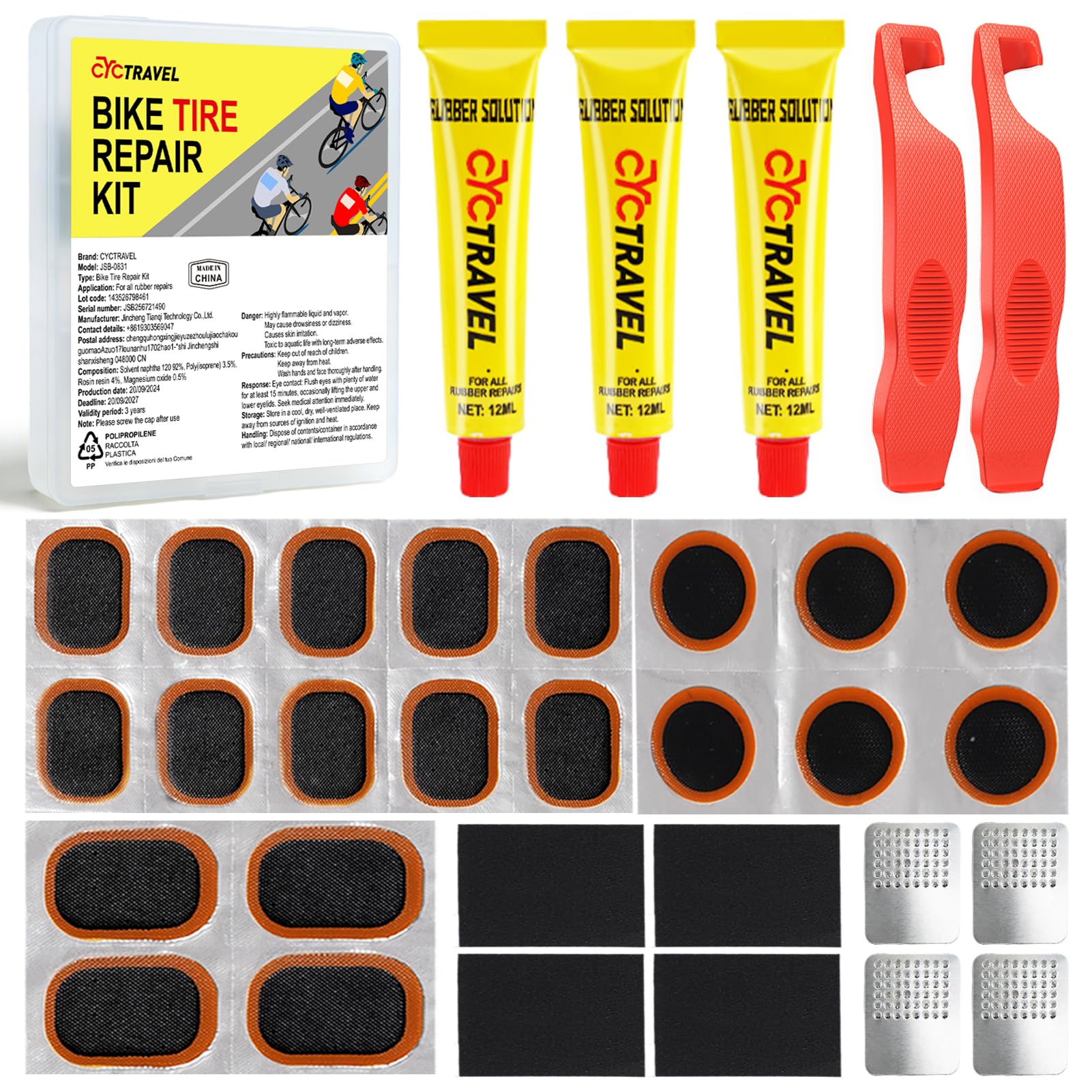 cyctravel Bike Tire Repair Kit, Bicycle Inner Tube Puncture Patch Kits with 20 PCS Vulcanizing Patches, User Manual, Metal Rasp and Tire Lever, Bike Patch Kit for Mountain and Road Bike